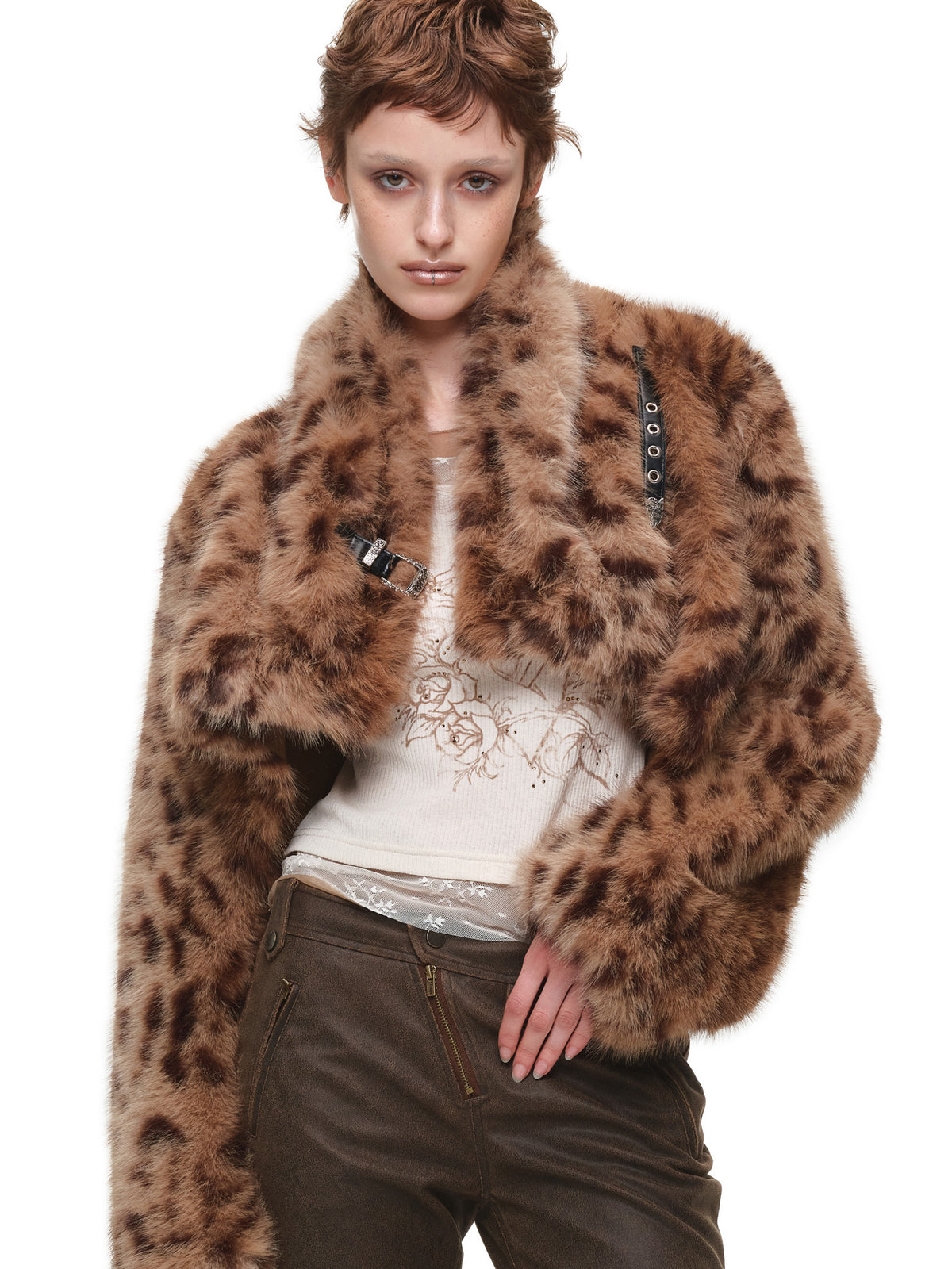 1Jinn Studio High Collar Leopard Faux Fur Cropped Jacket | Canton Collective