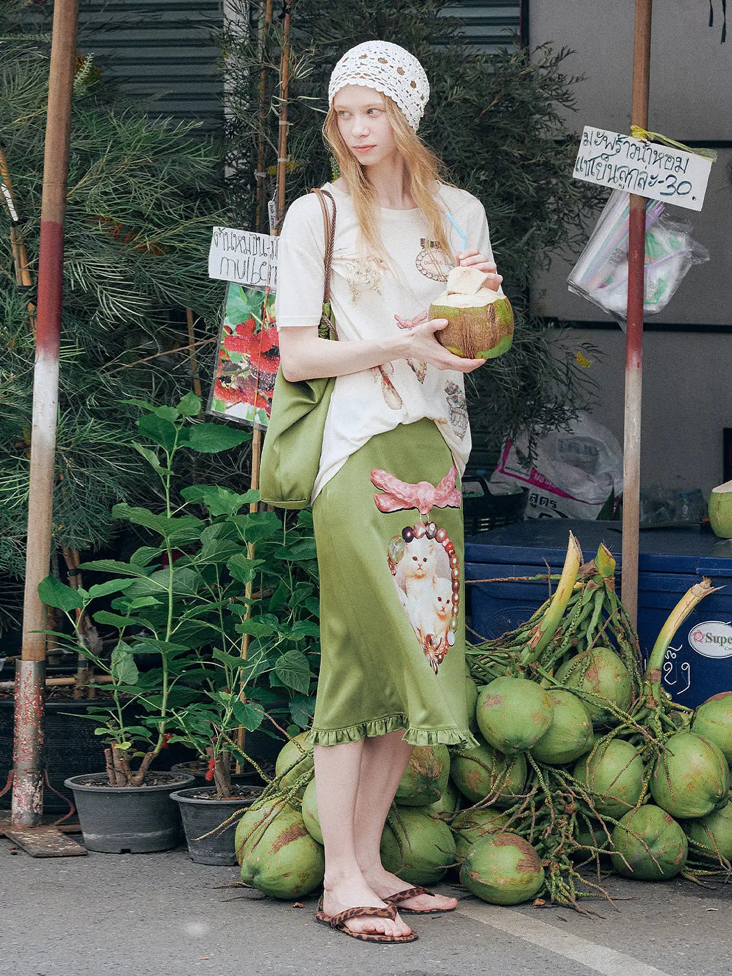 Outtheblue Jewel Cat Olive Satin Skirt | Canton Collective