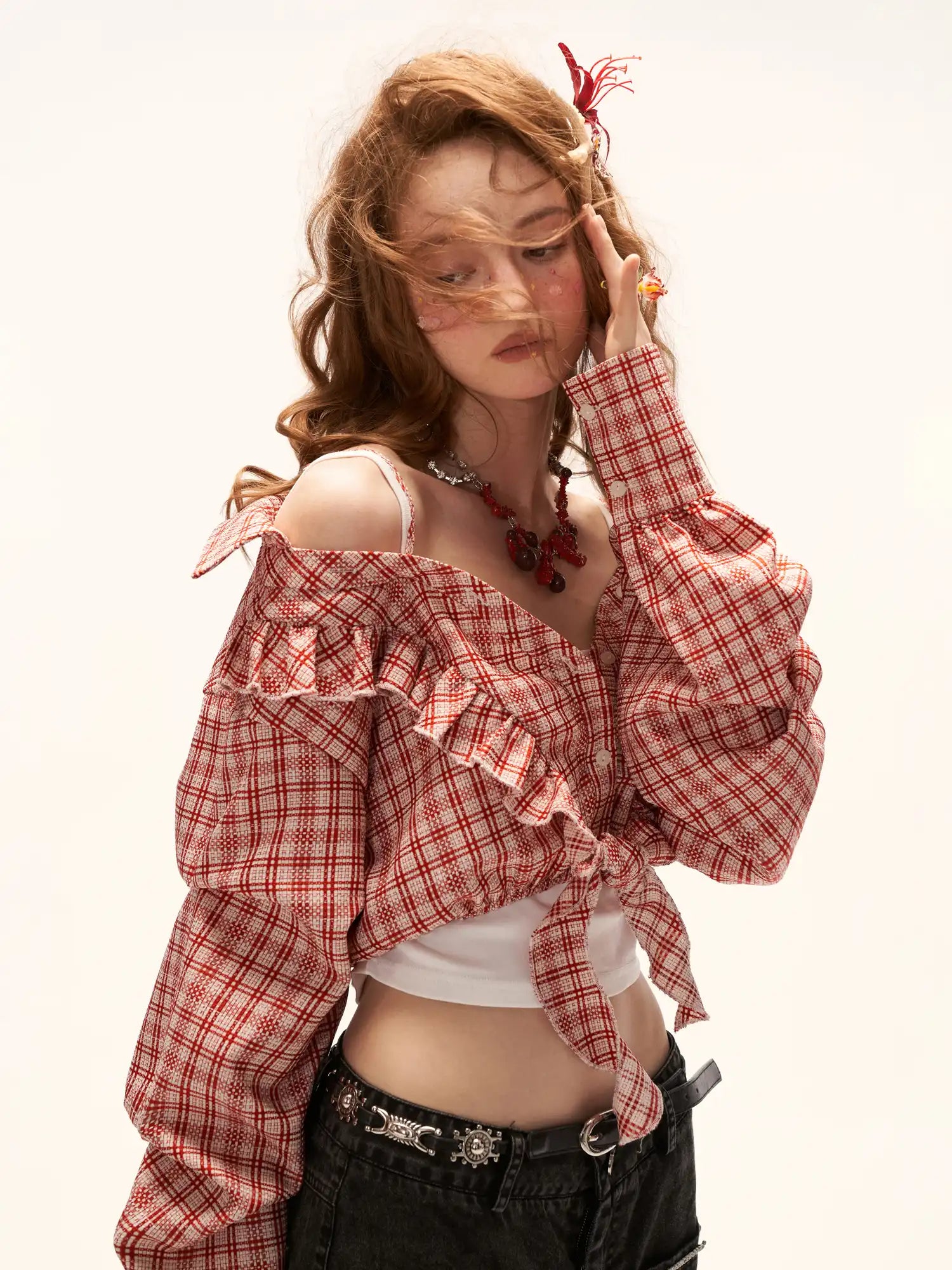 MAMC Lace-Up Plaid Bardot Top | Canton Collective