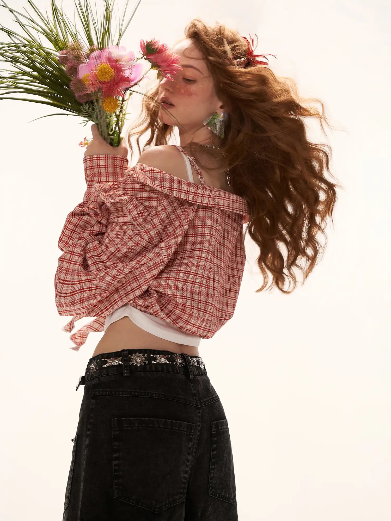 MAMC Lace-Up Plaid Bardot Top | Canton Collective
