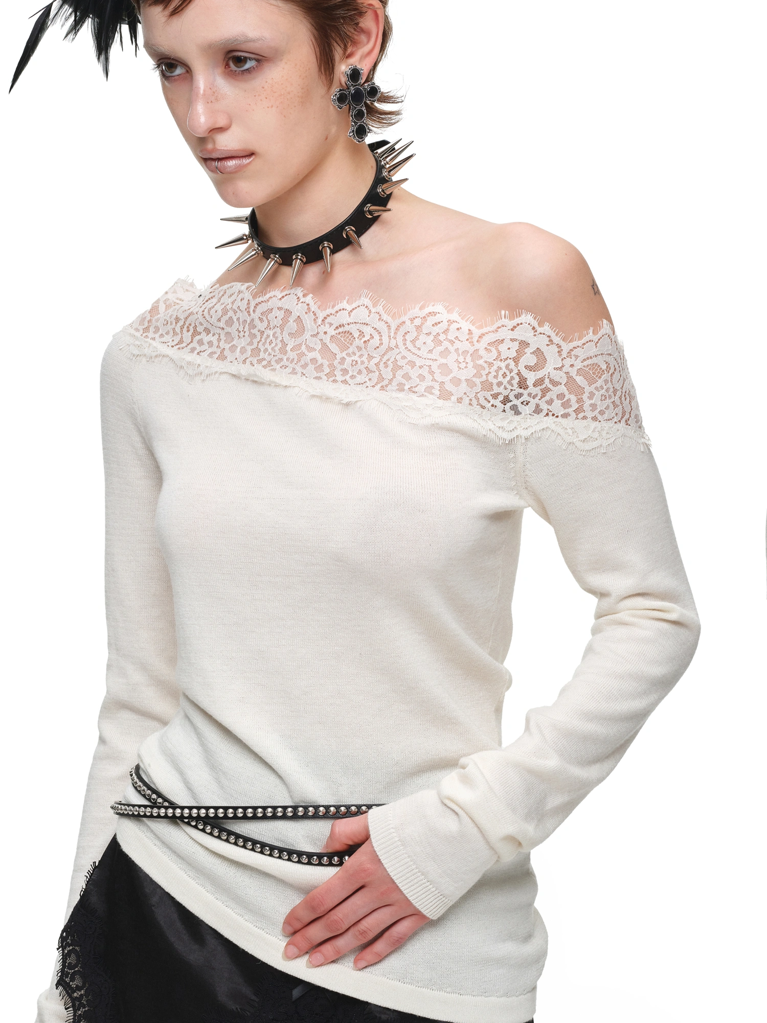 1Jinn Studio Lace Off-Shoulder Cashmere Blend Top | Canton Collective