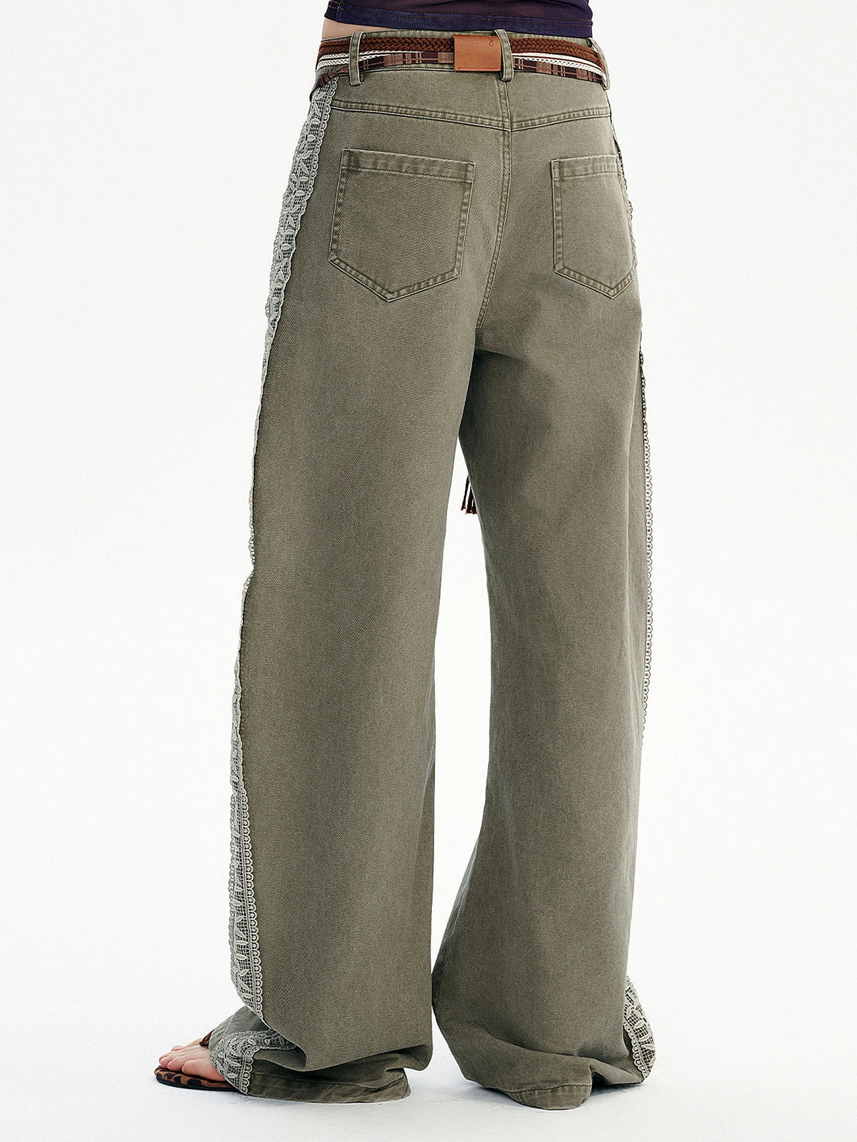 Lace Side Panel Washed Wide Leg Pants