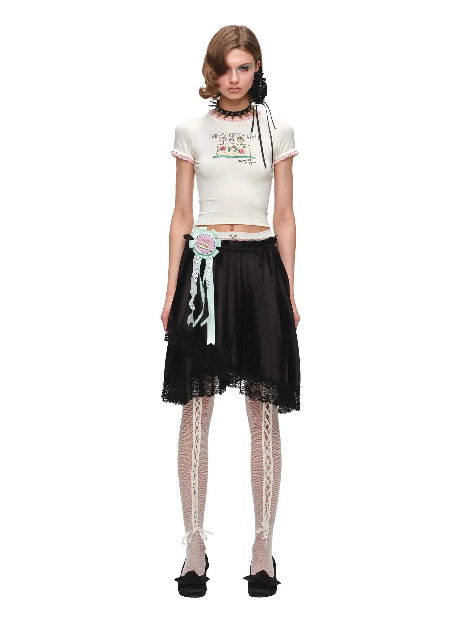 1Jinn Studio Lace Trim Asymmetric Hem Bow Waist Pleated Skirt | Canton Collective
