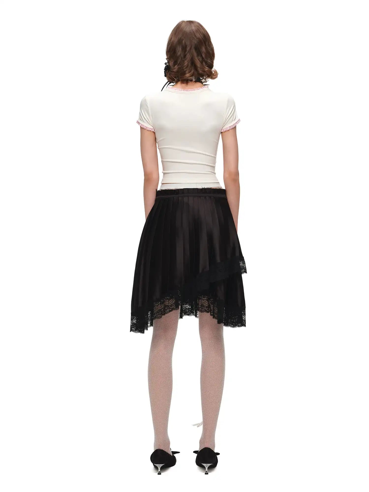 1Jinn Studio Lace Trim Asymmetric Hem Bow Waist Pleated Skirt | Canton Collective