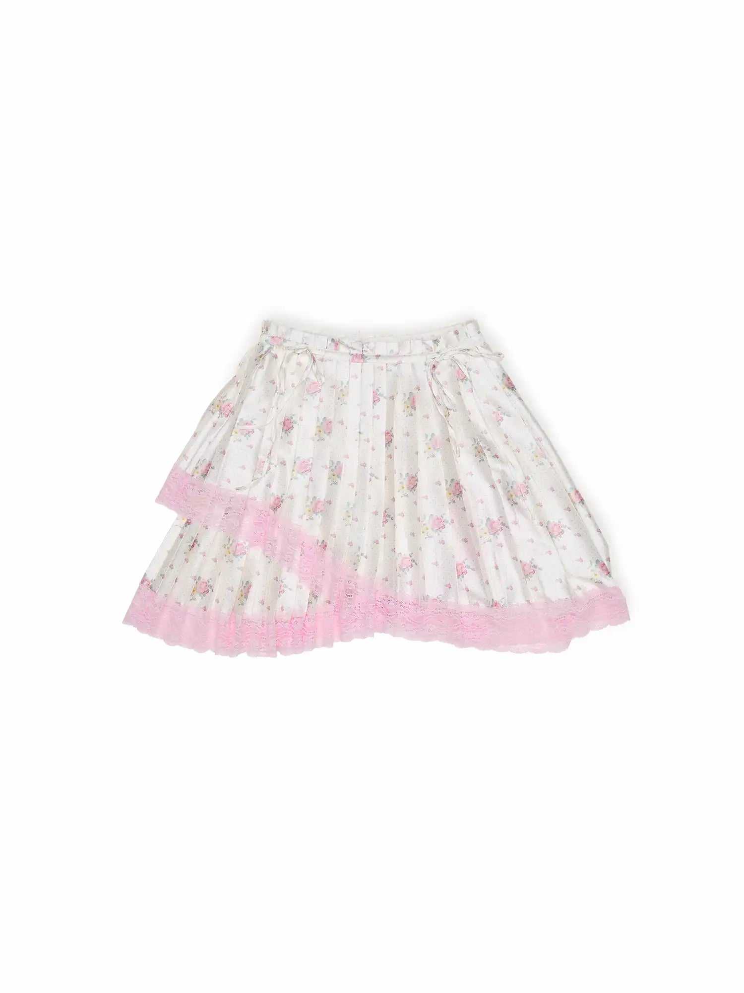 1Jinn Studio Lace Trim Asymmetric Hem Bow Waist Pleated Skirt | Canton Collective