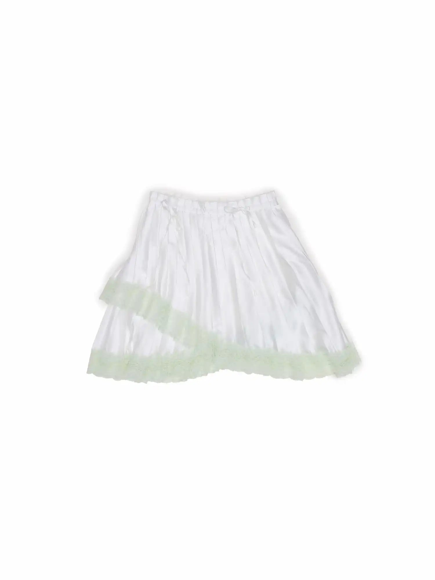 1Jinn Studio Lace Trim Asymmetric Hem Bow Waist Pleated Skirt | Canton Collective