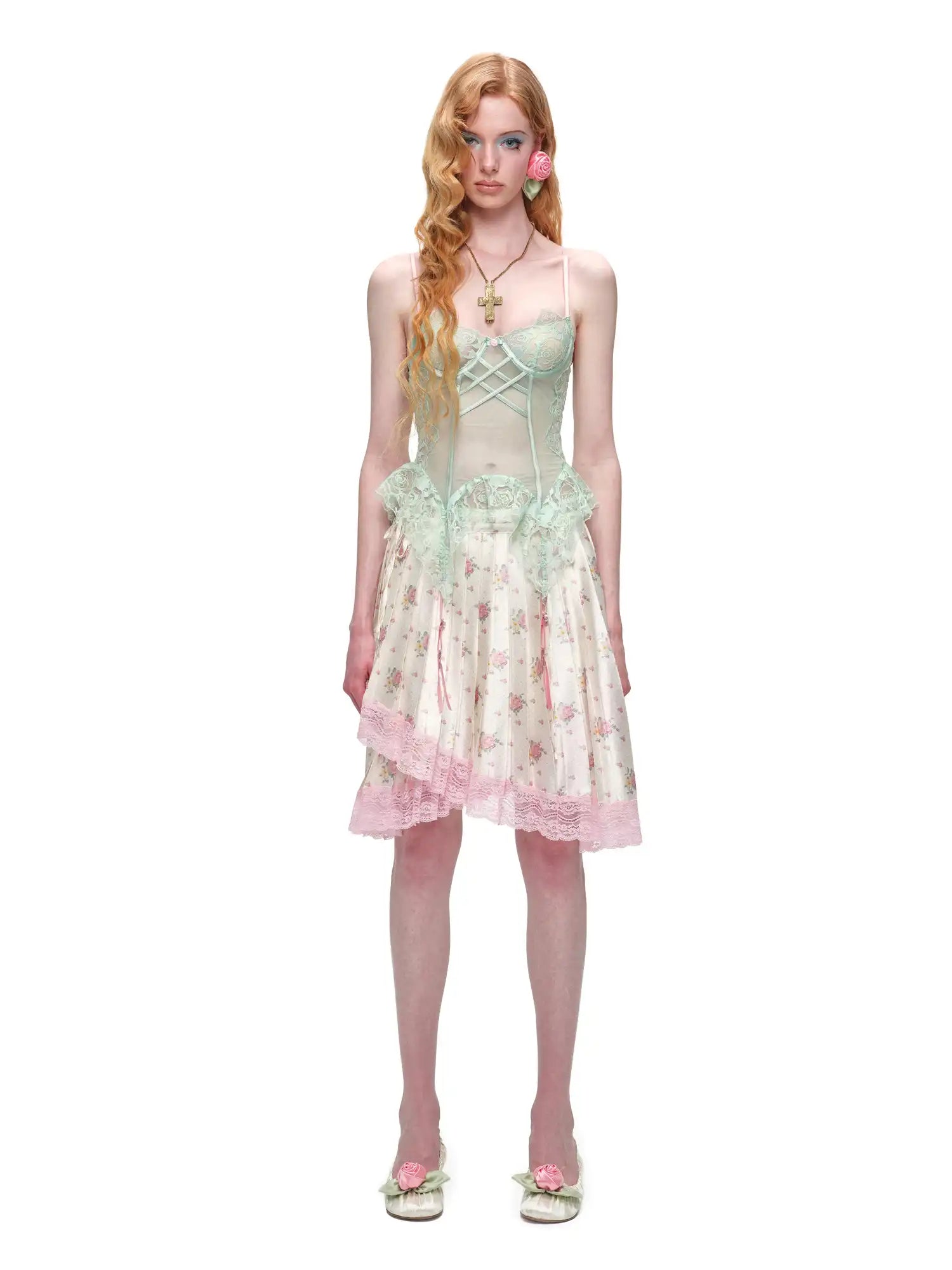 1Jinn Studio Lace Trim Asymmetric Hem Bow Waist Pleated Skirt | Canton Collective