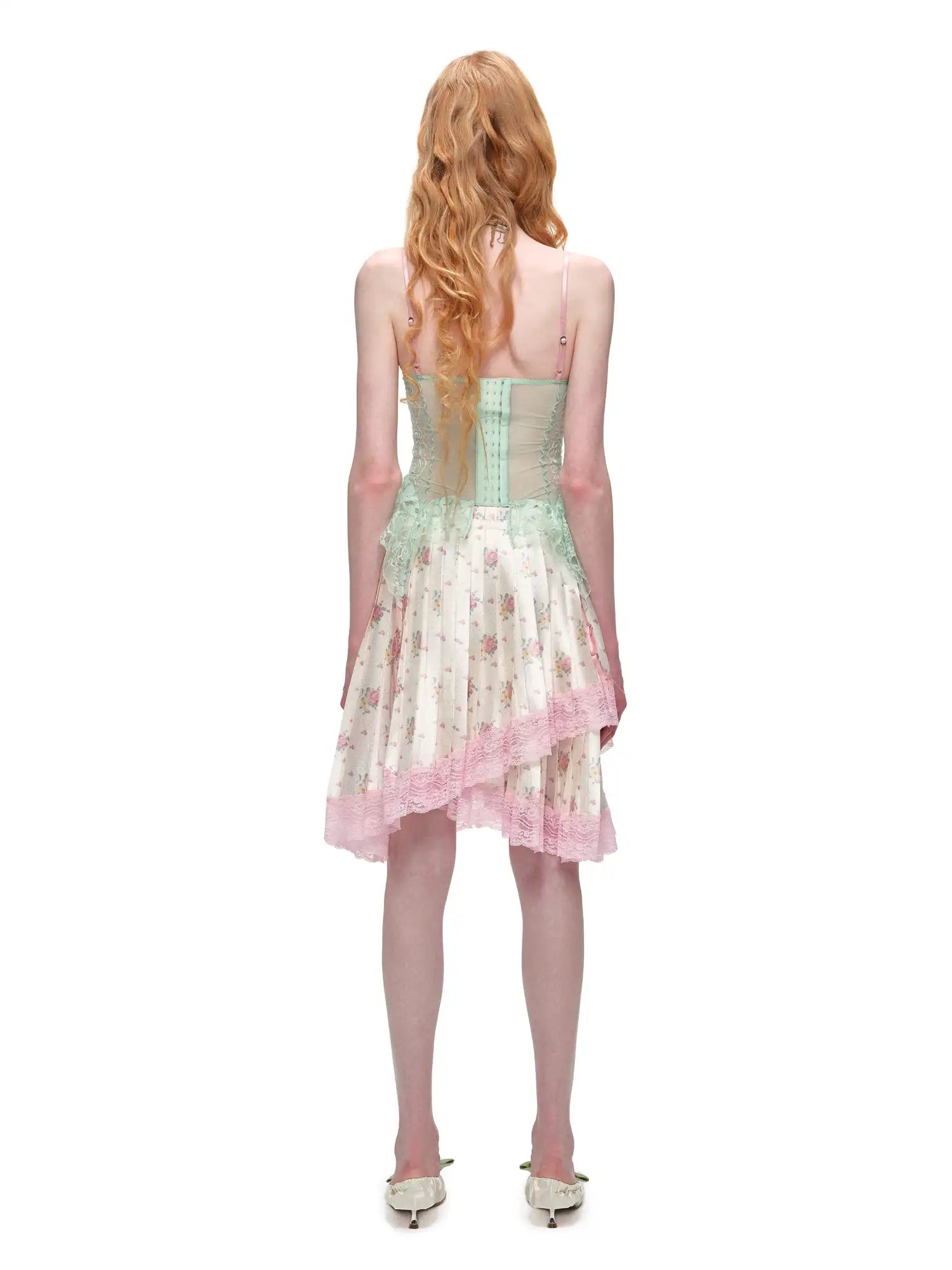 1Jinn Studio Lace Trim Asymmetric Hem Bow Waist Pleated Skirt | Canton Collective