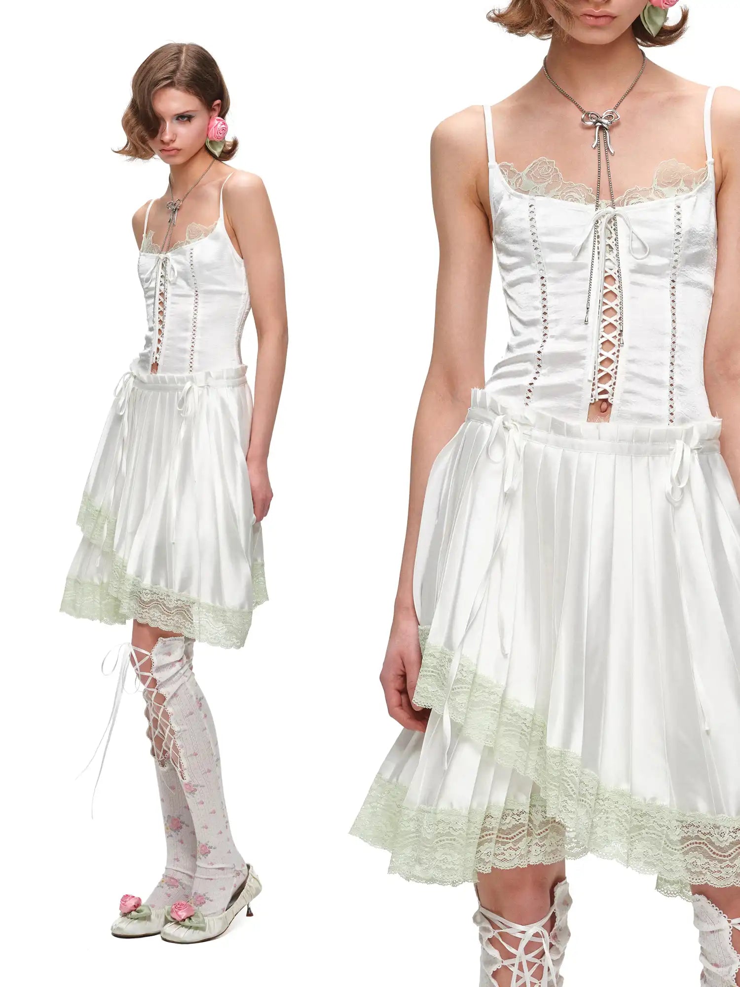 1Jinn Studio Lace Trim Asymmetric Hem Bow Waist Pleated Skirt | Canton Collective