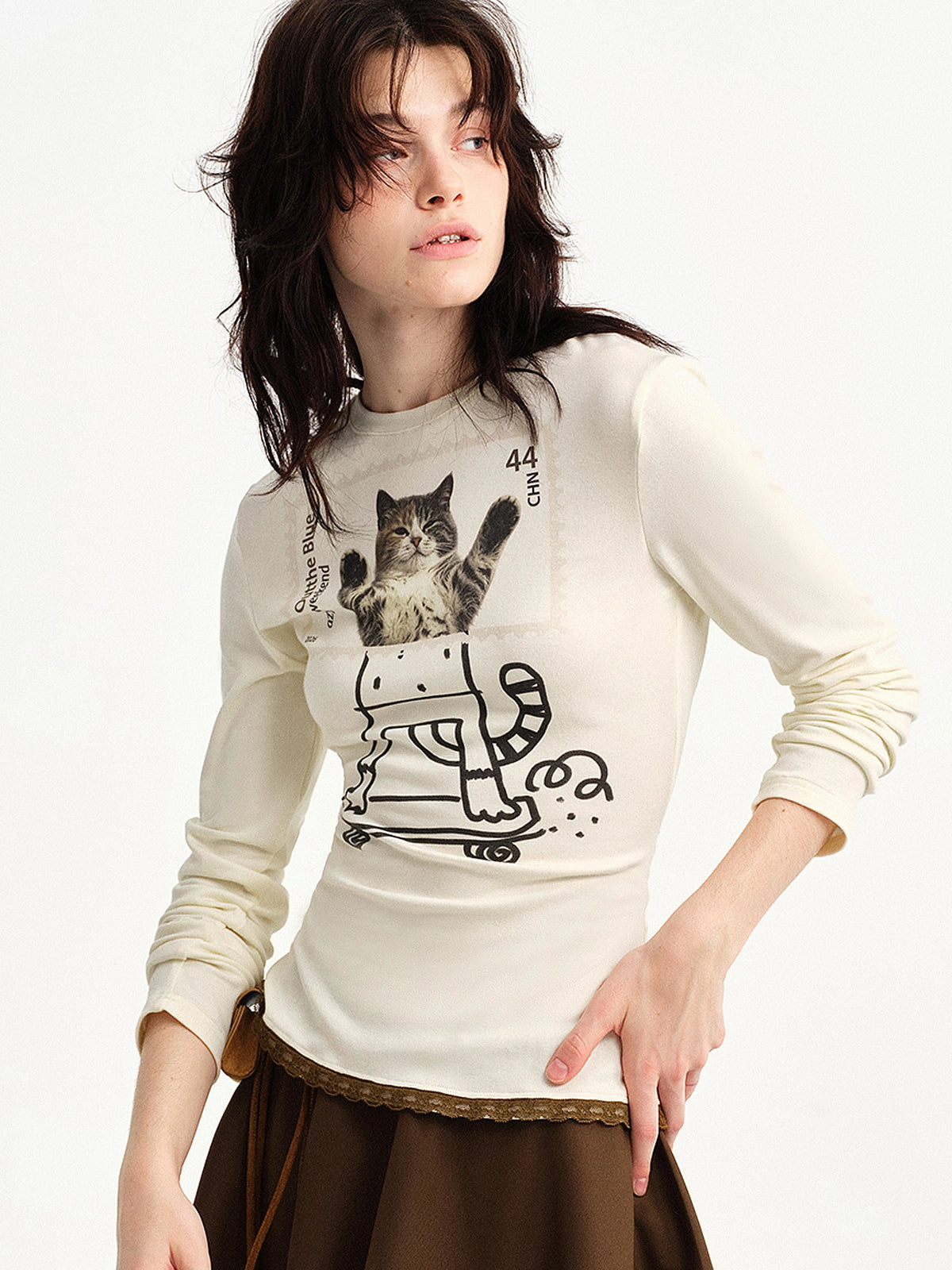 Outtheblue Lace Trim Cat Graphic Long Sleeve Tee | Canton Collective