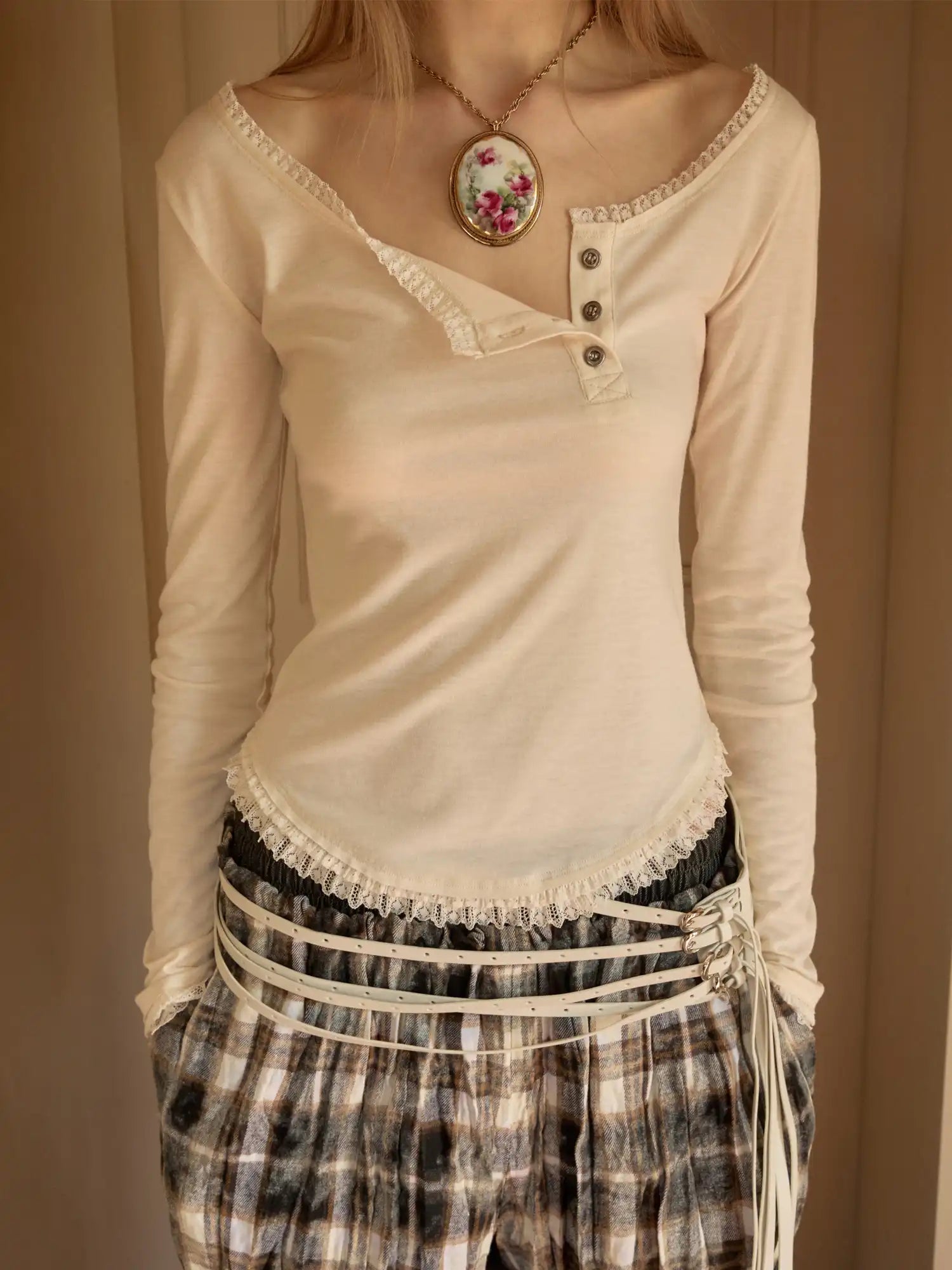 1Jinn Studio Lace Trim Diagonal Placket Henley Tee With One Shoulder | Canton Collective