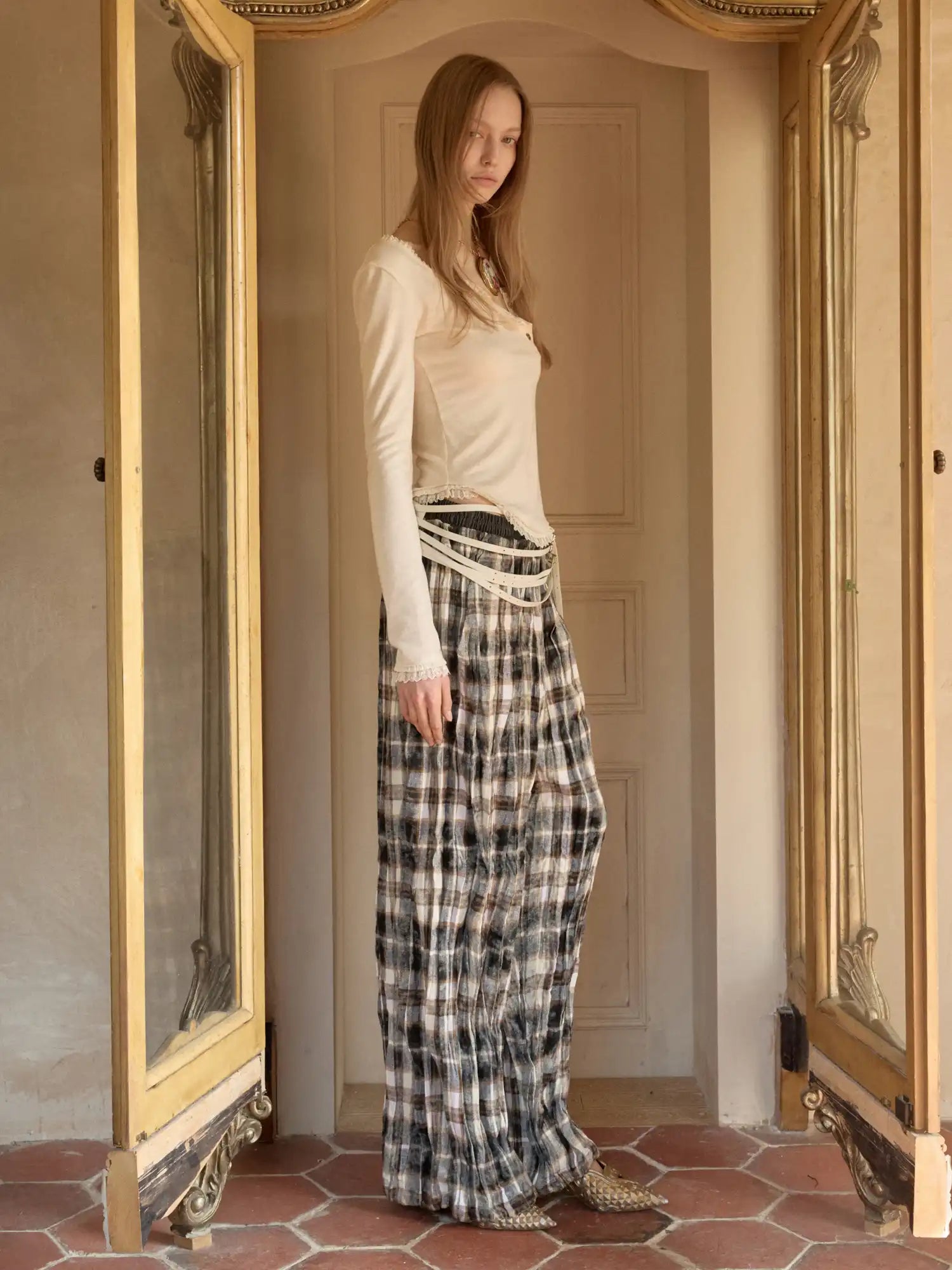 1Jinn Studio Lace Trim Diagonal Placket Henley Tee With One Shoulder | Canton Collective