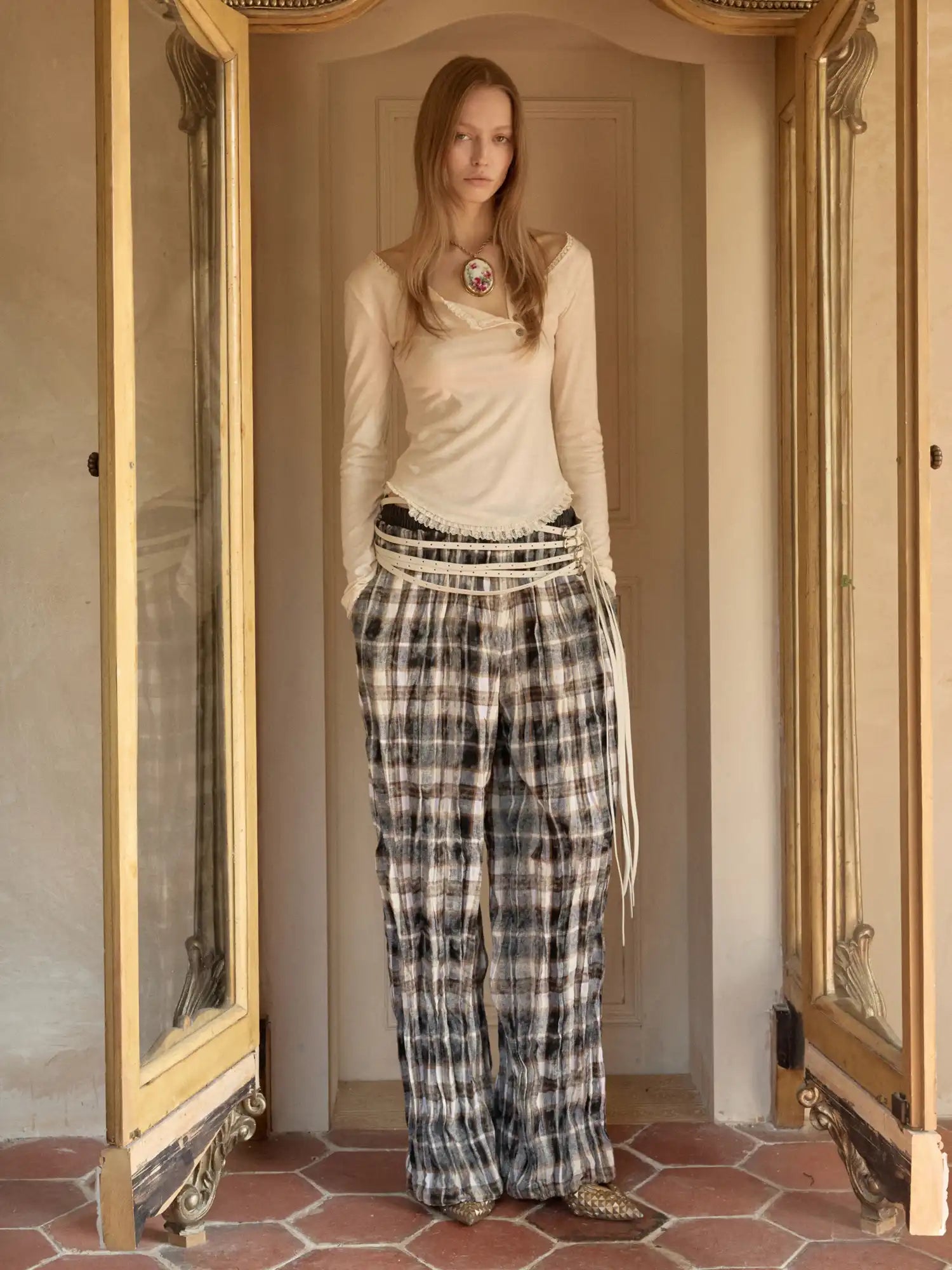 1Jinn Studio Lace Trim Diagonal Placket Henley Tee With One Shoulder | Canton Collective