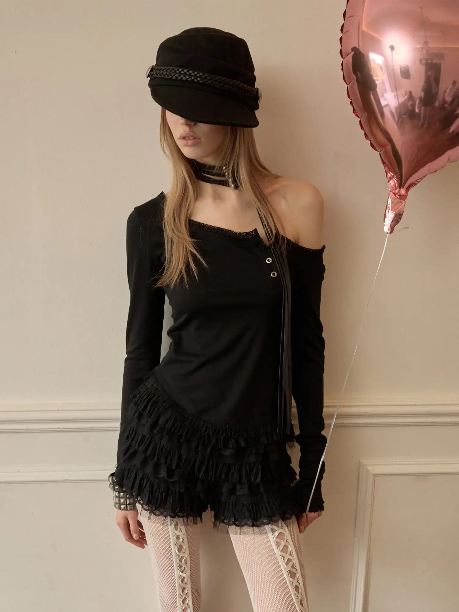 1Jinn Studio Lace Trim Diagonal Placket Henley Tee With One Shoulder | Canton Collective