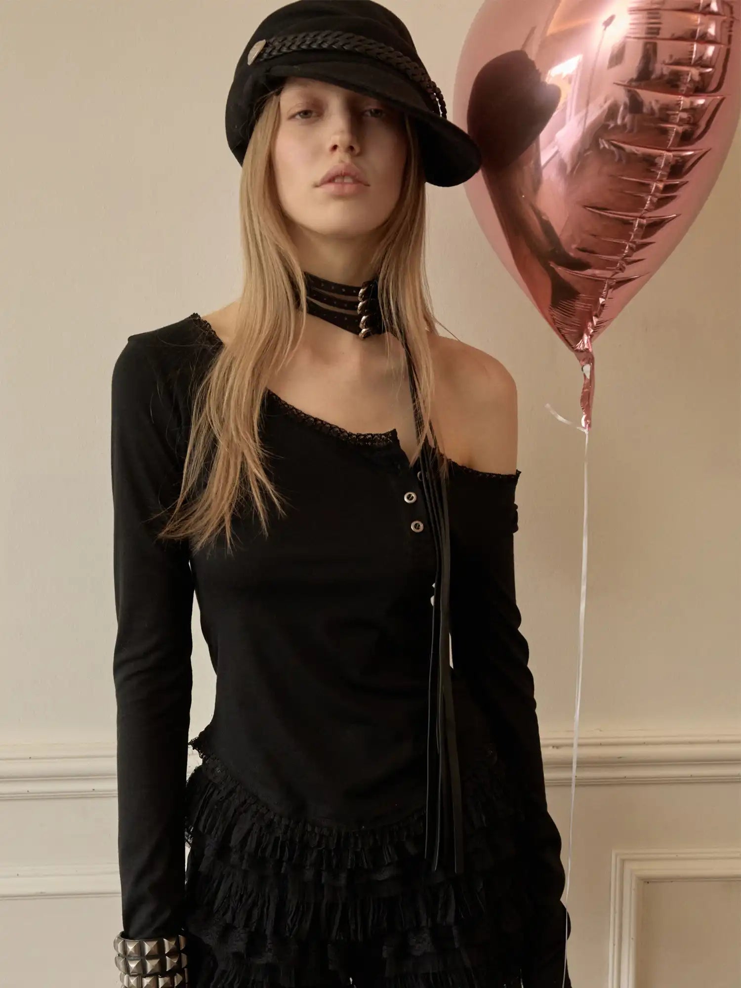 1Jinn Studio Lace Trim Diagonal Placket Henley Tee With One Shoulder | Canton Collective