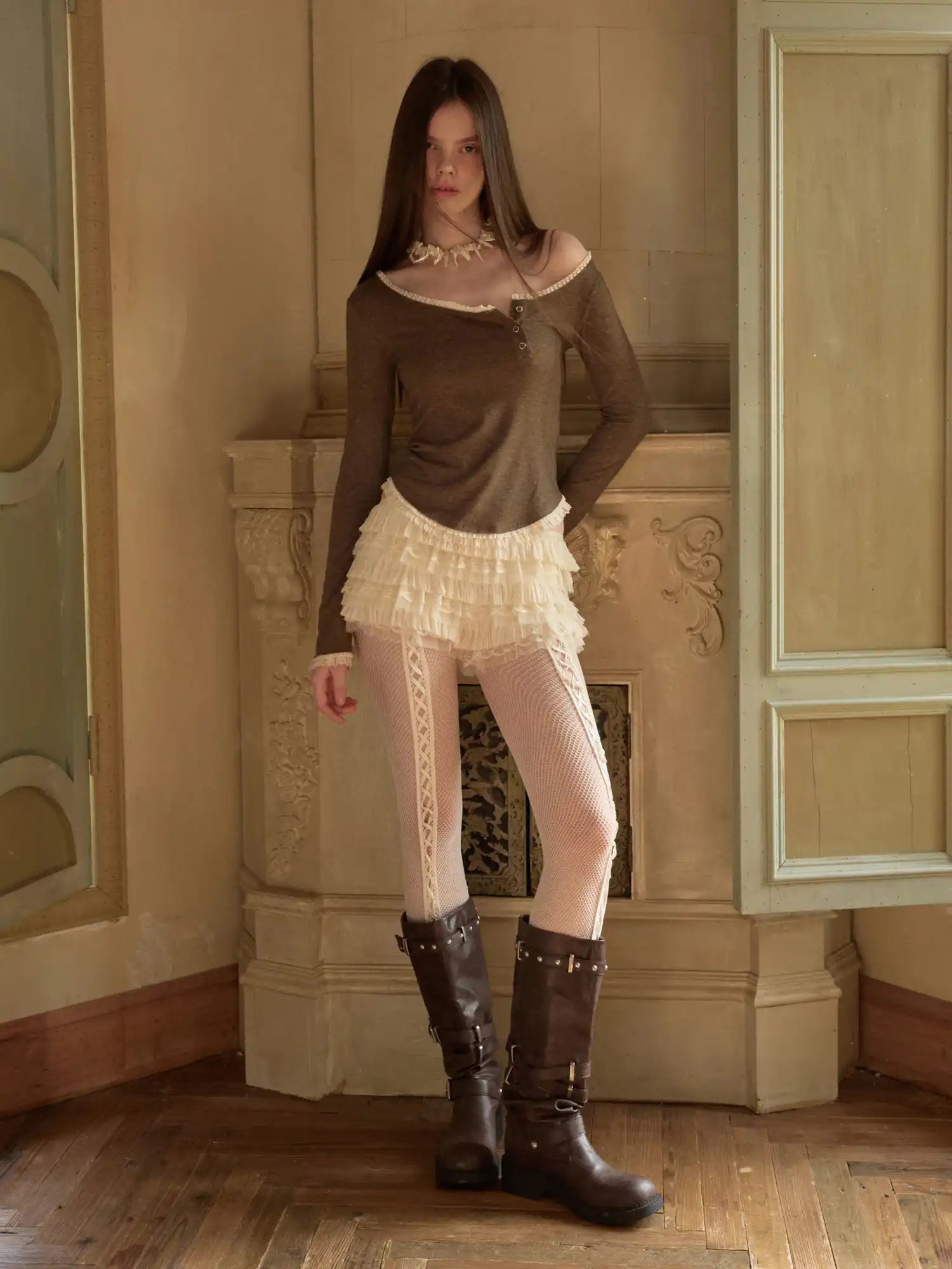 1Jinn Studio Lace Trim Diagonal Placket Henley Tee With One Shoulder | Canton Collective