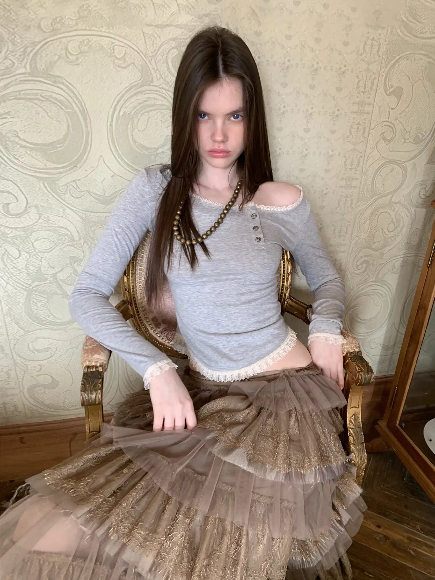 1Jinn Studio Lace Trim Diagonal Placket Henley Tee With One Shoulder | Canton Collective