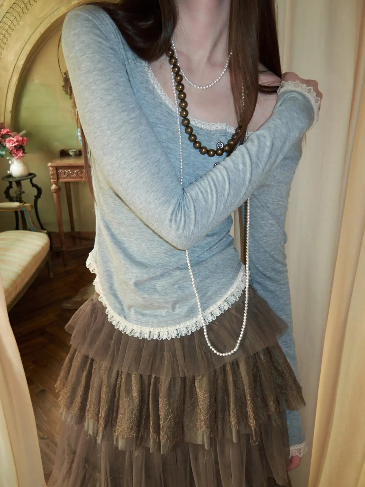 1Jinn Studio Lace Trim Diagonal Placket Henley Tee With One Shoulder | Canton Collective