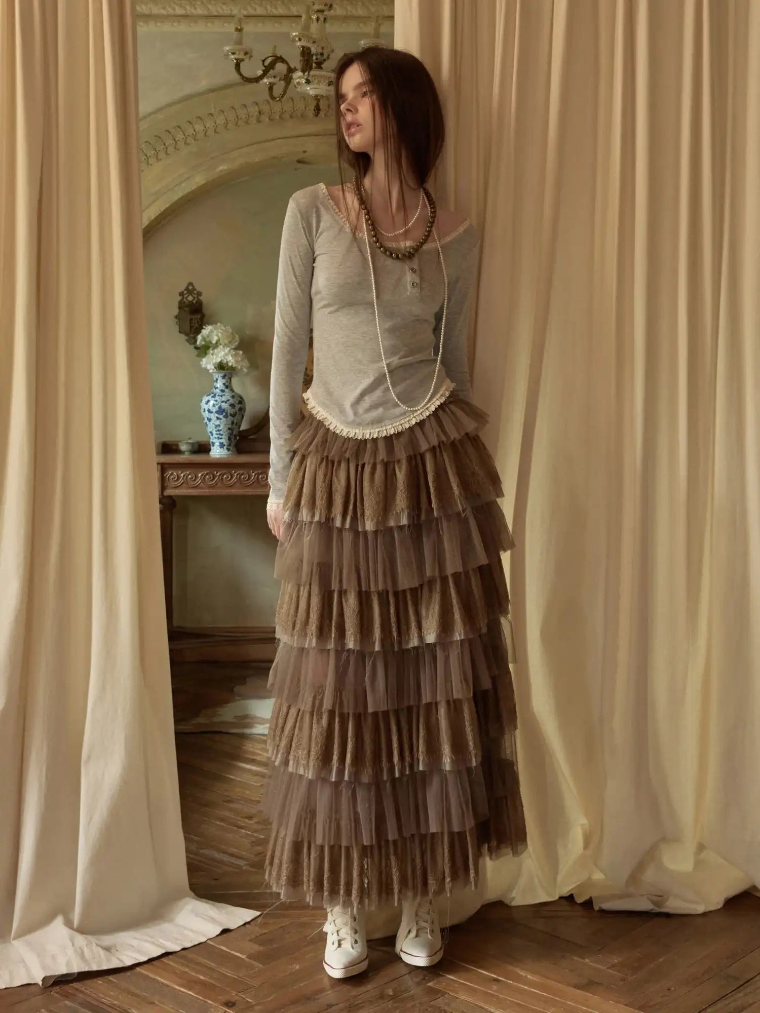 1Jinn Studio Lace Trim Diagonal Placket Henley Tee With One Shoulder | Canton Collective