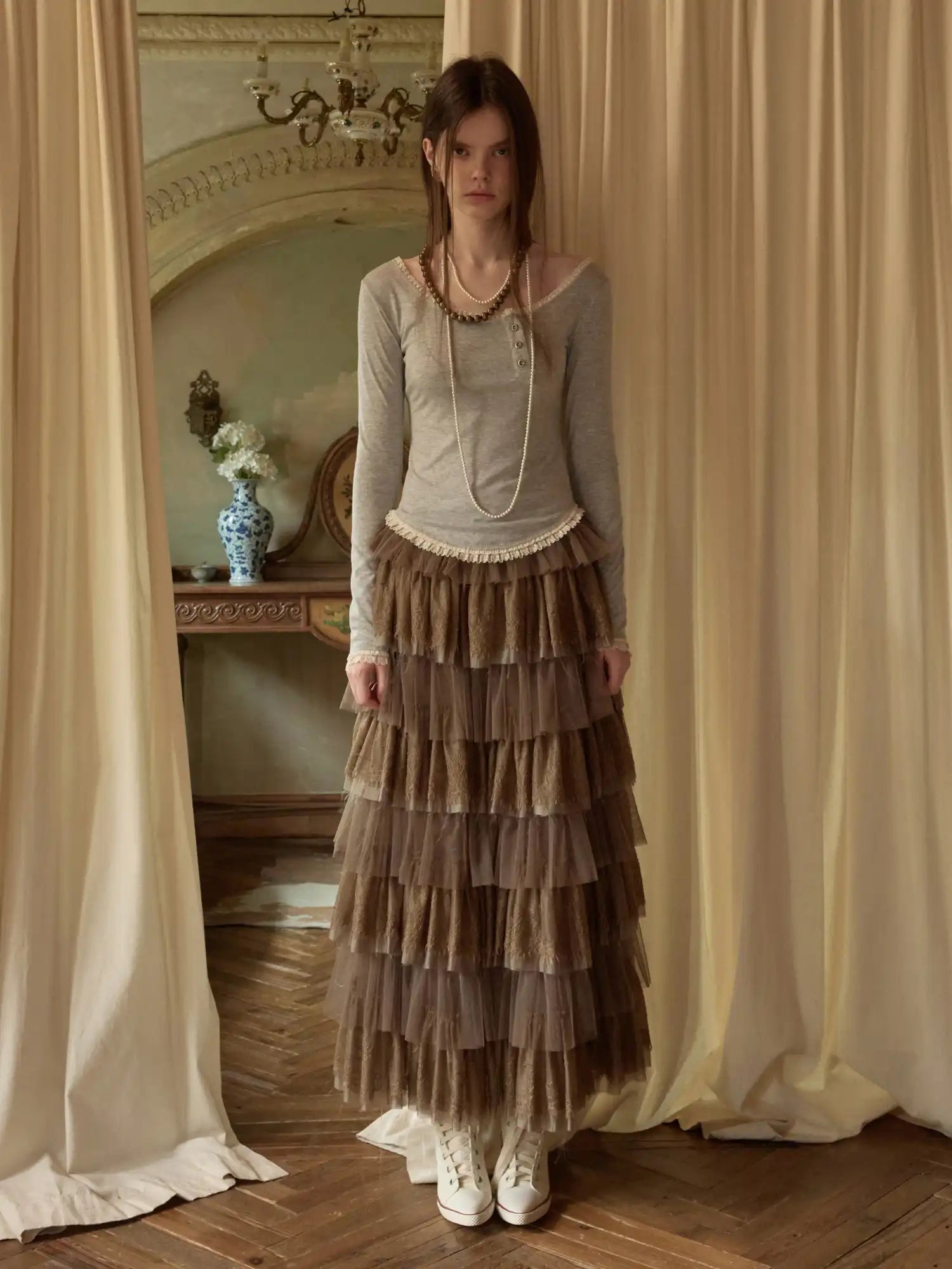 1Jinn Studio Lace Trim Diagonal Placket Henley Tee With One Shoulder | Canton Collective