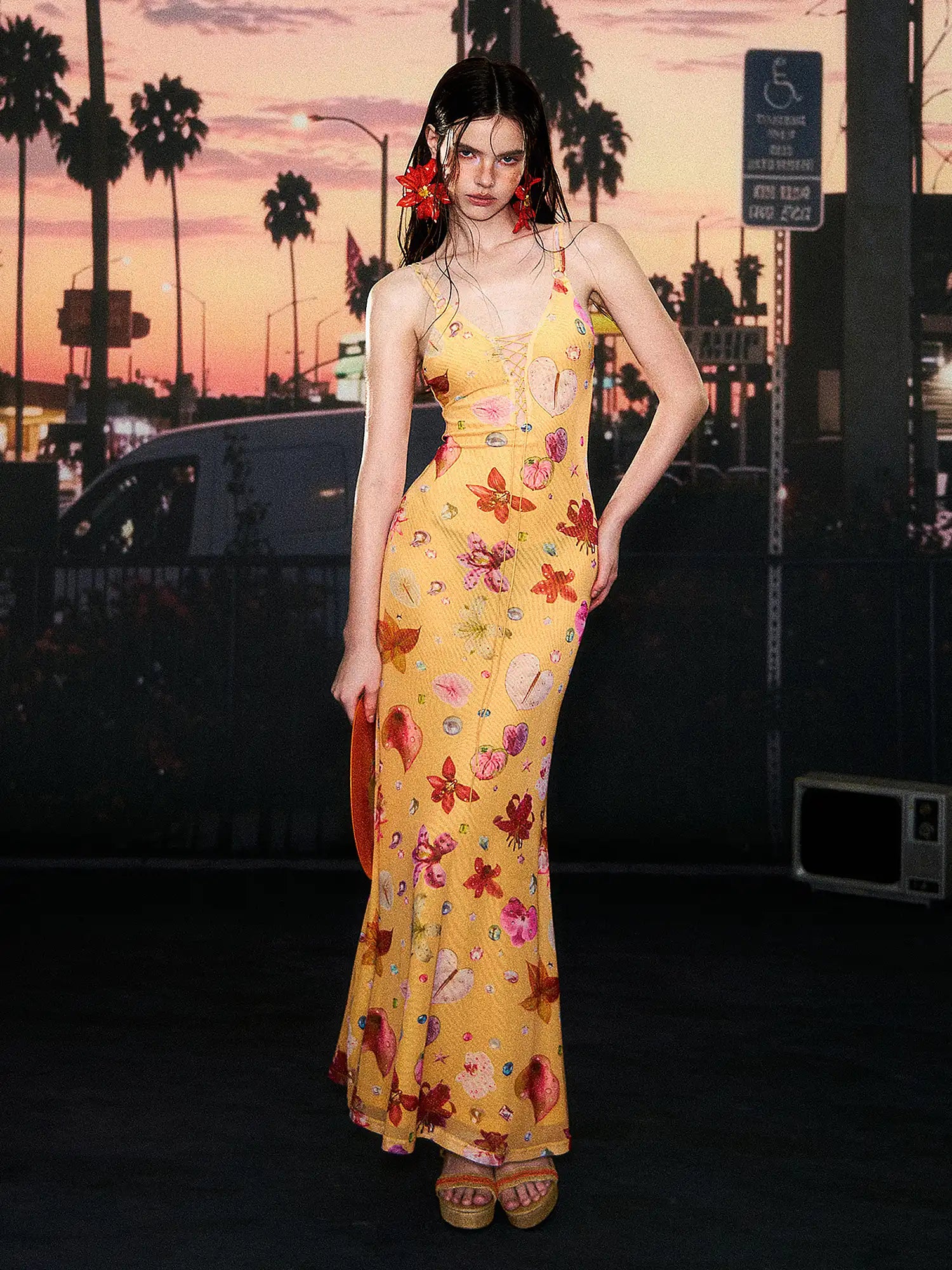 Deleteex Lace Up Yellow Tropical Floral Dress | Canton Collective