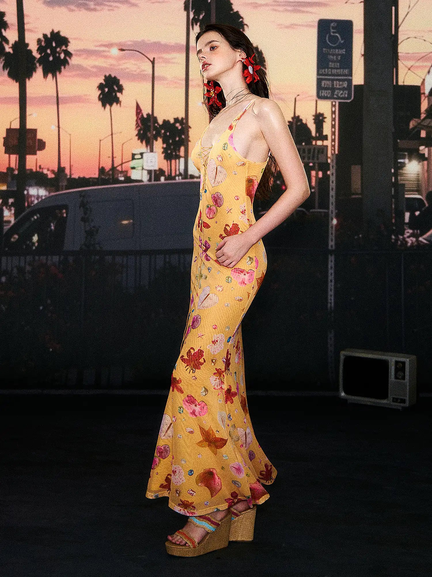Deleteex Lace Up Yellow Tropical Floral Dress | Canton Collective