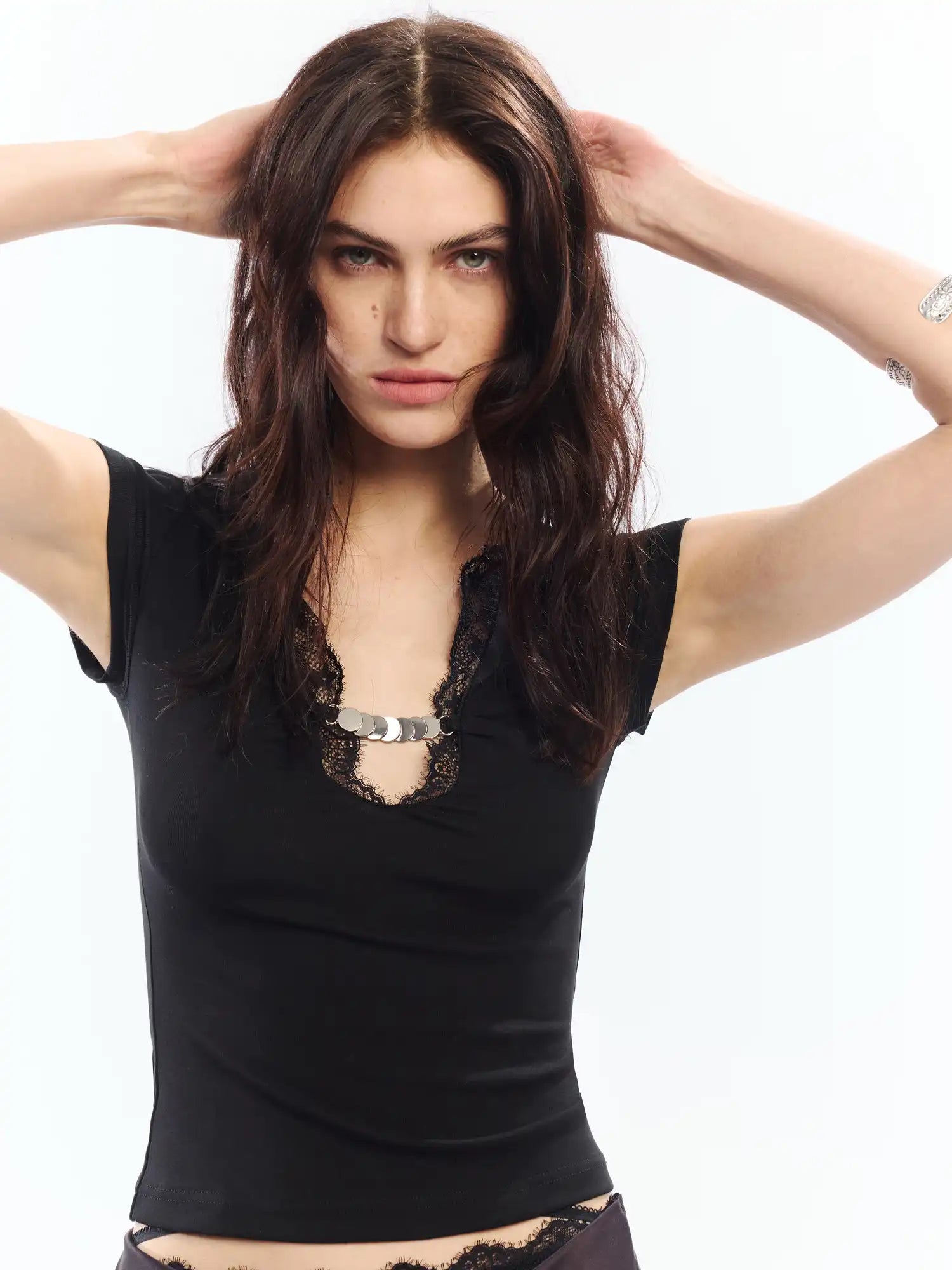 2th Desire Lace V Neck Cotton Modal Cropped Top | Canton Collective