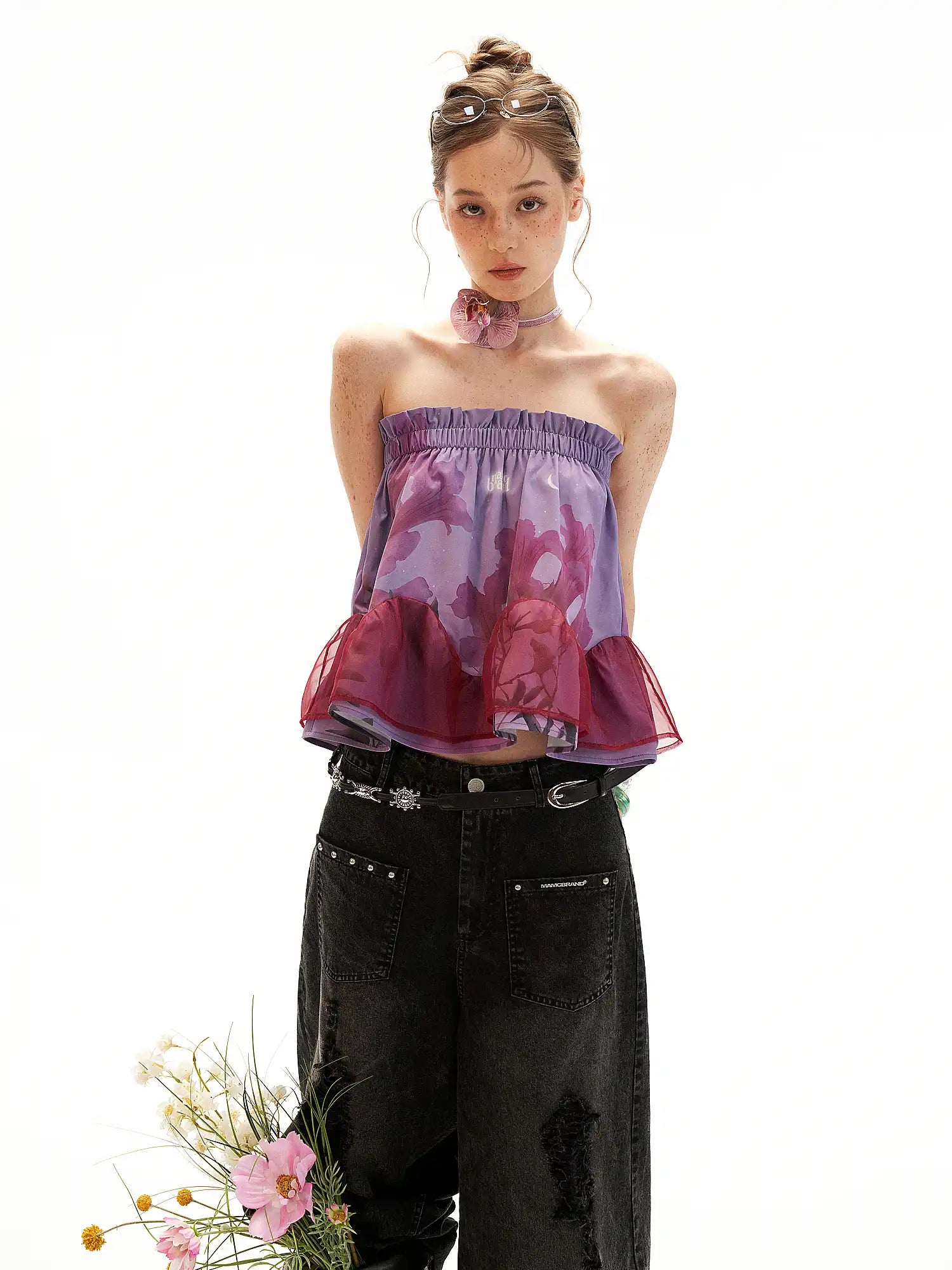 MAMC Lavender Floral Strapless Ruched Bandeau Top | Canton Collective
