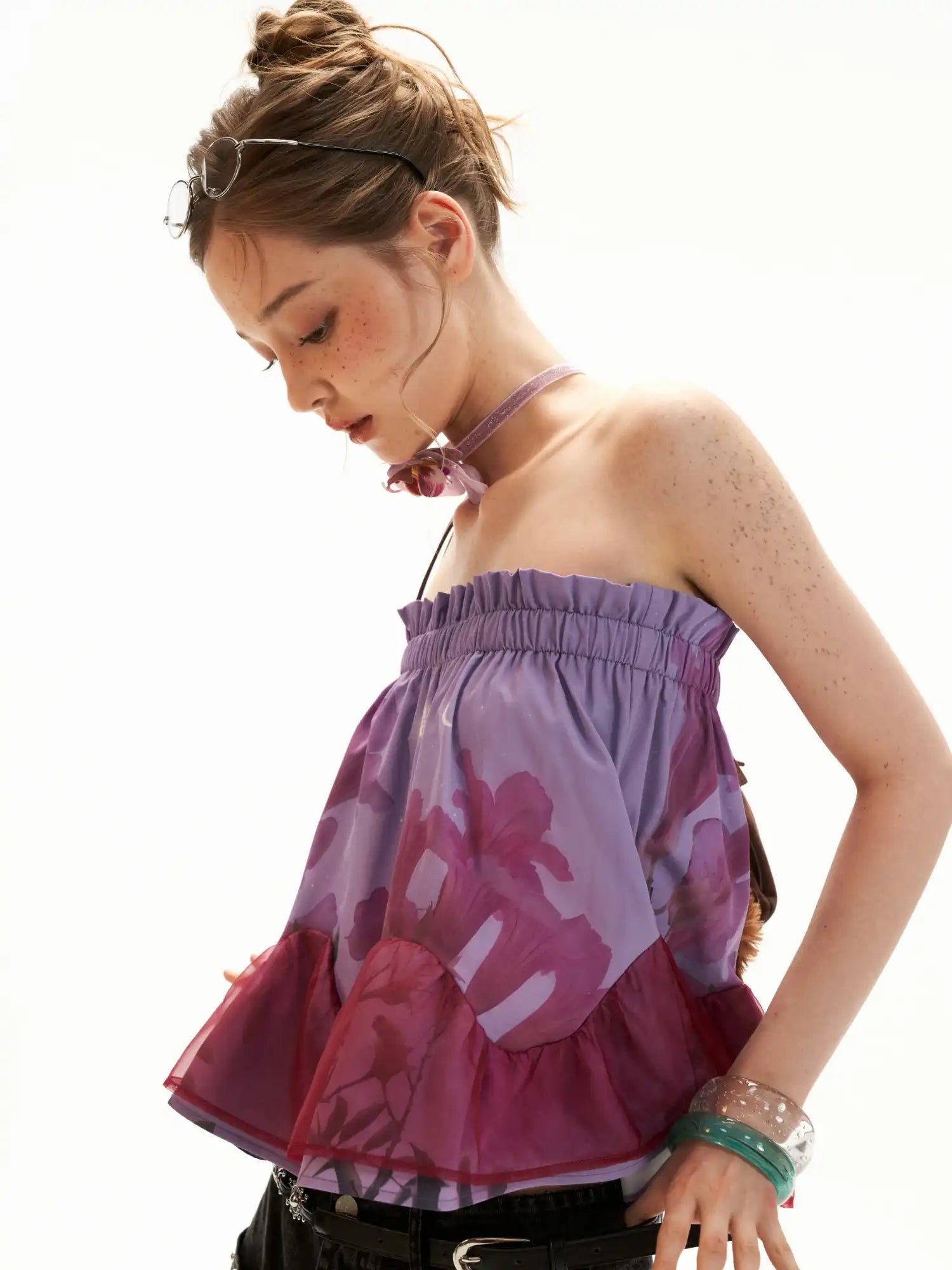MAMC Lavender Floral Strapless Ruched Bandeau Top | Canton Collective