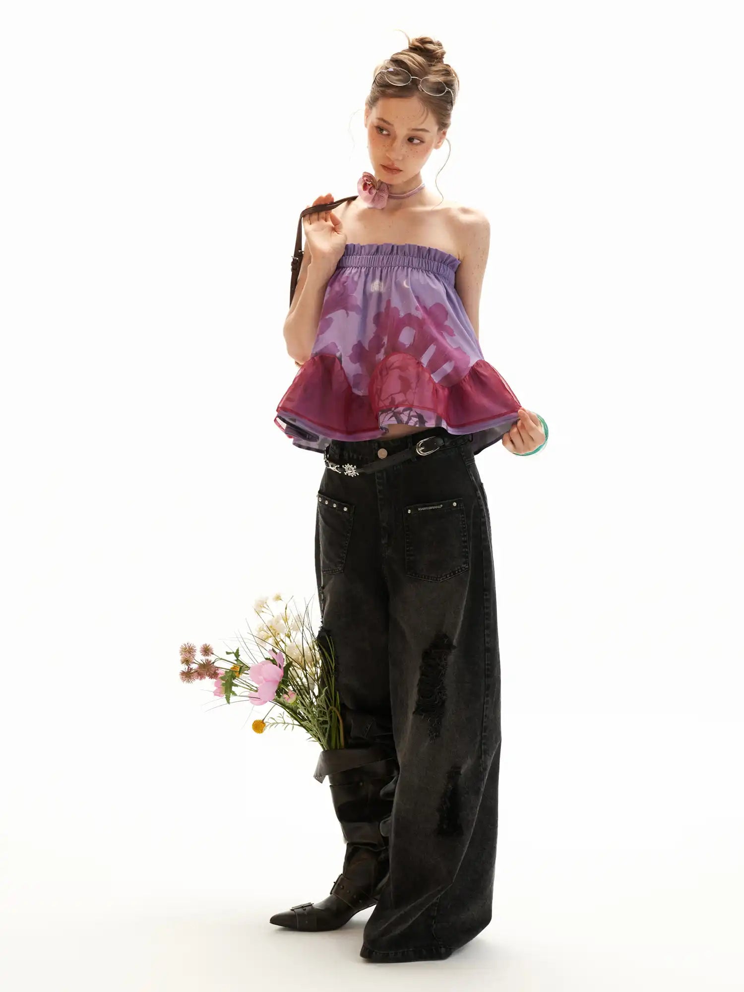 MAMC Lavender Floral Strapless Ruched Bandeau Top | Canton Collective
