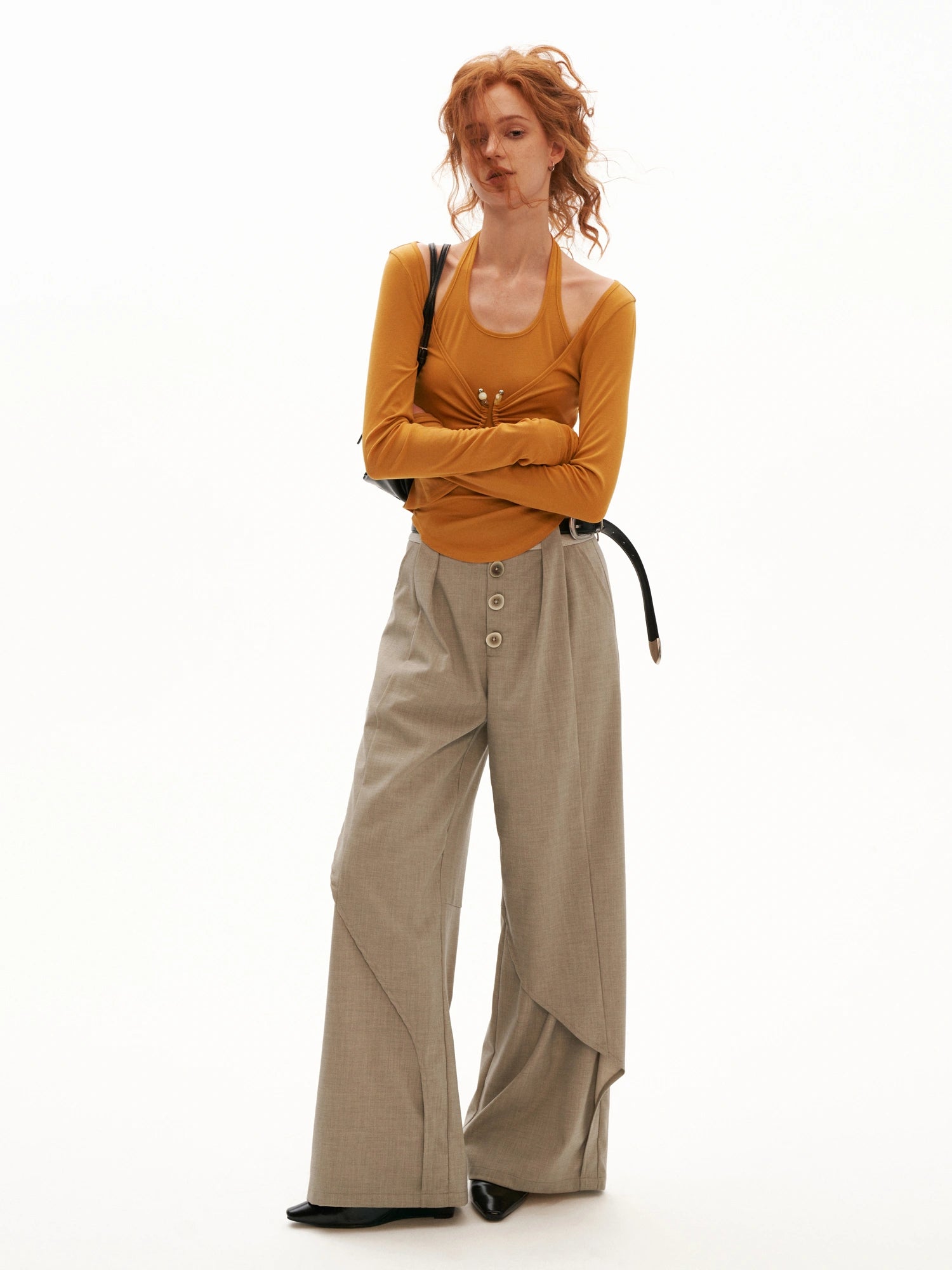 MAMC Layered Halter Ruched Long Sleeve Top | Canton Collective