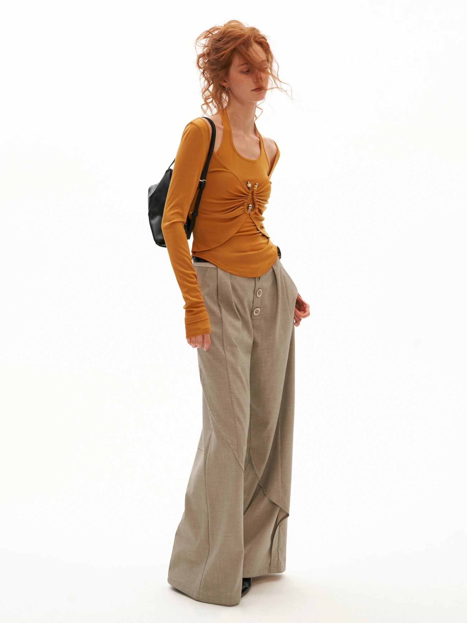 MAMC Layered Halter Ruched Long Sleeve Top | Canton Collective