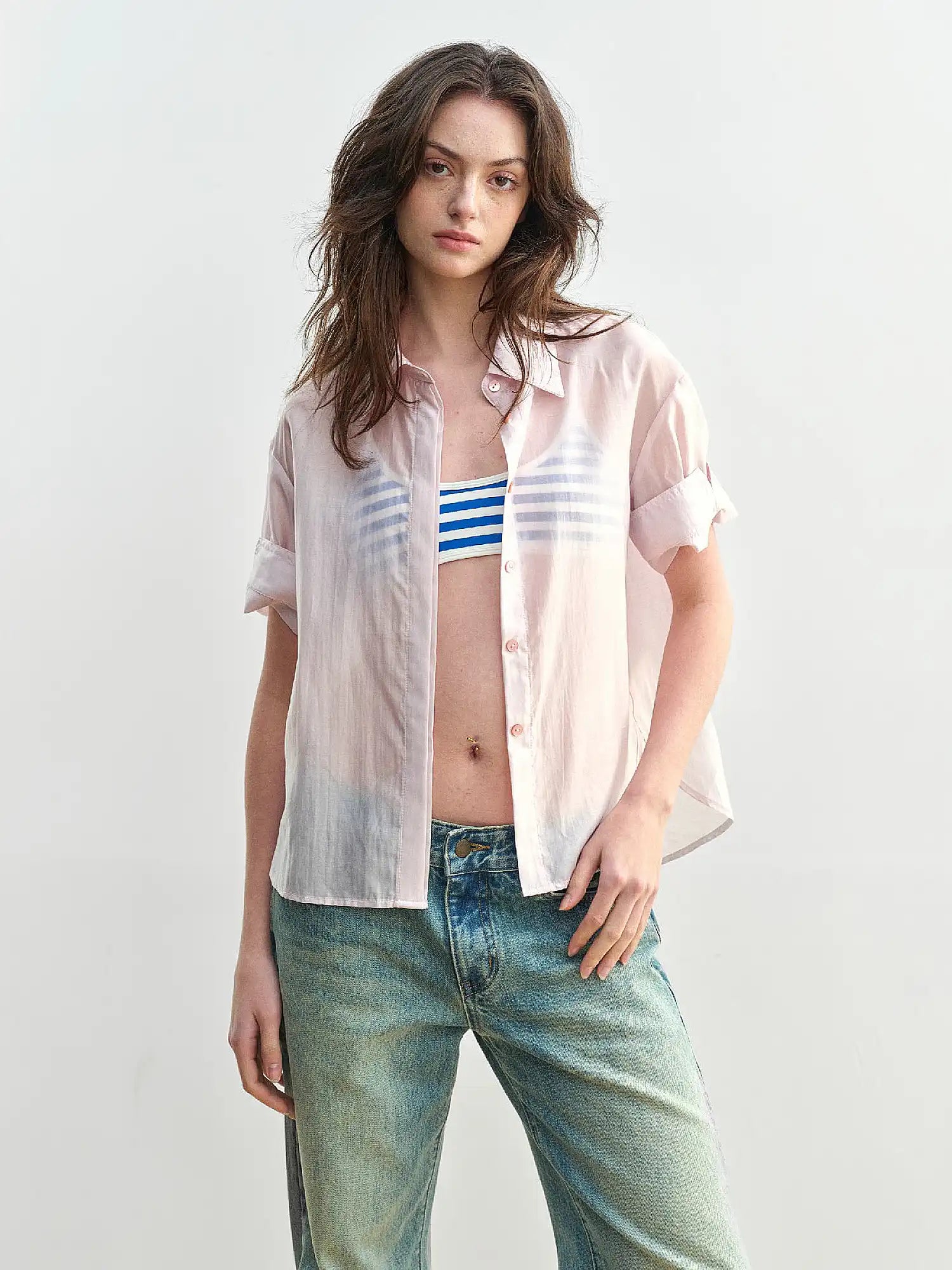 Muse Naps Light Pink Sheer Short Sleeve Button Up Shirt | Canton Collective