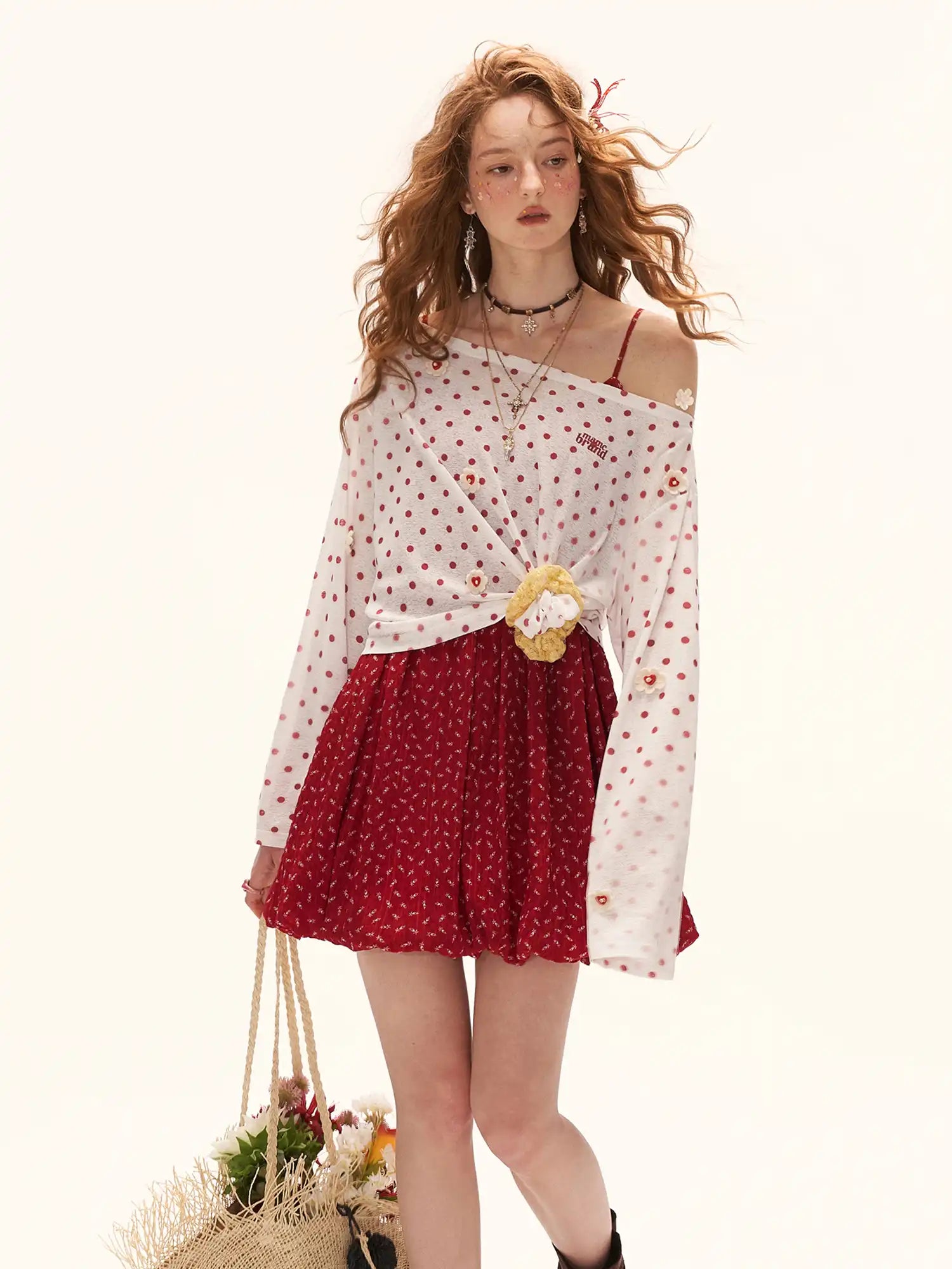 MAMC Long Sleeve Flower Button Polka Dot Sheer Top | Canton Collective