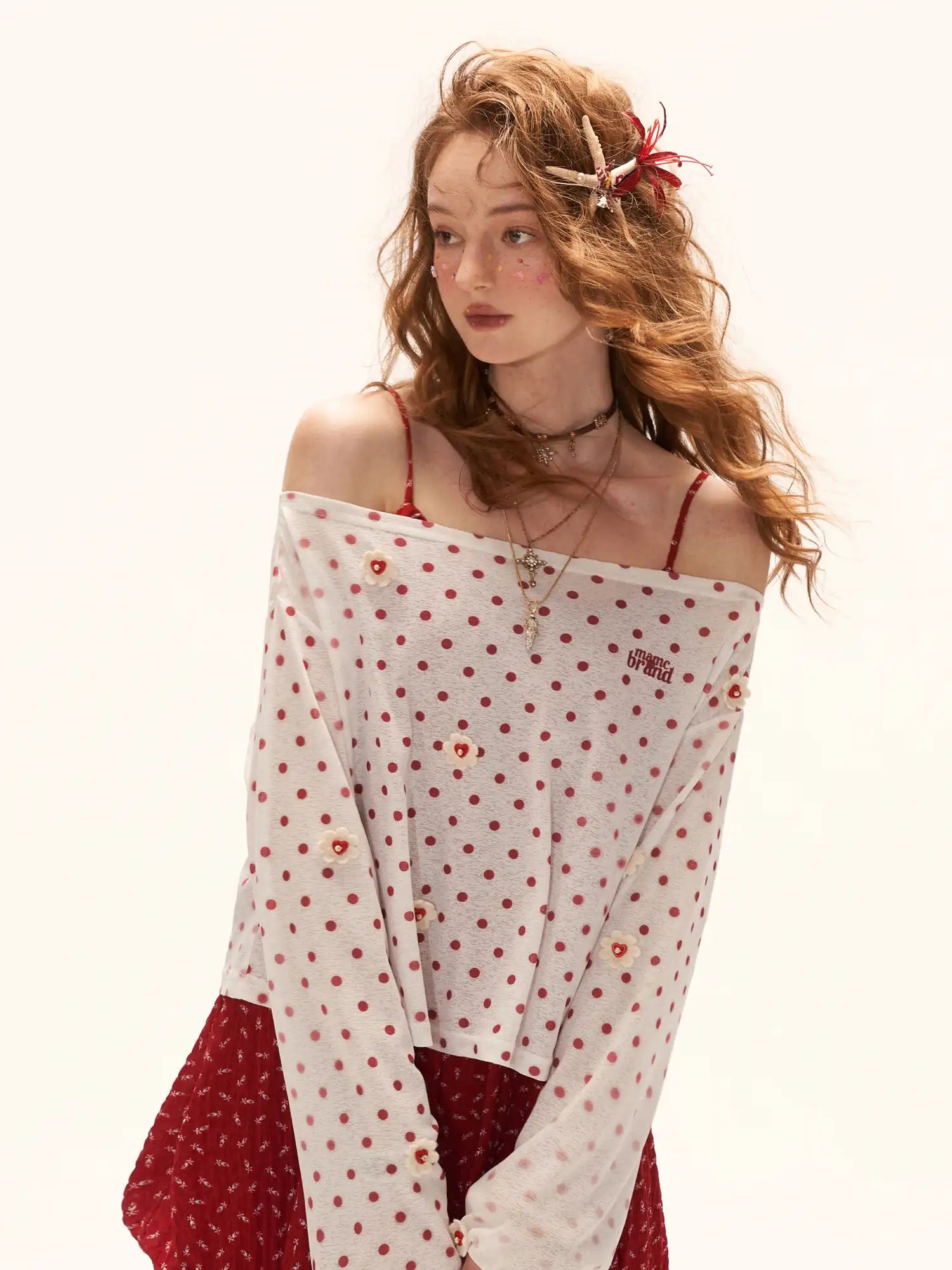 MAMC Long Sleeve Flower Button Polka Dot Sheer Top | Canton Collective
