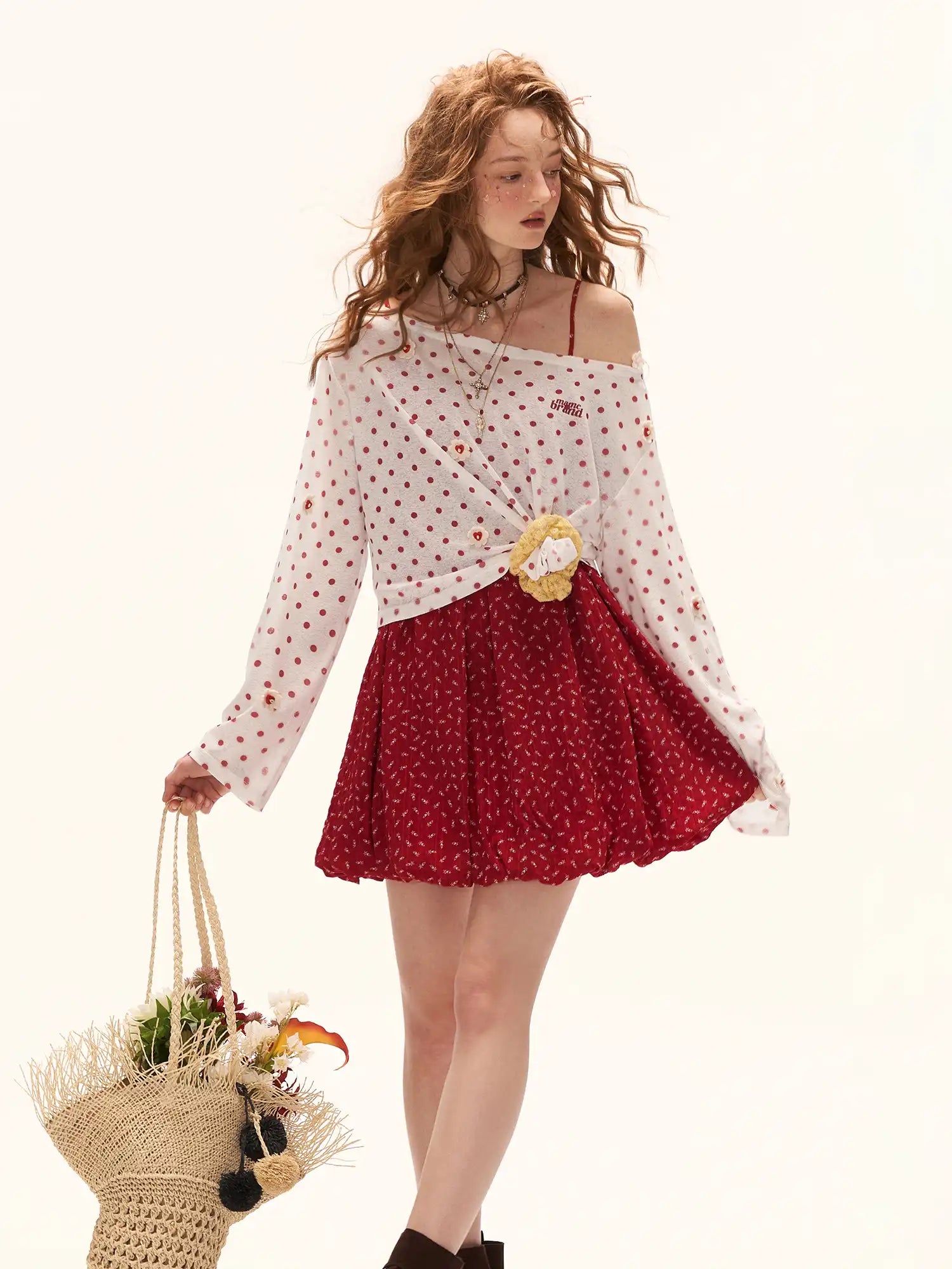MAMC Long Sleeve Flower Button Polka Dot Sheer Top | Canton Collective