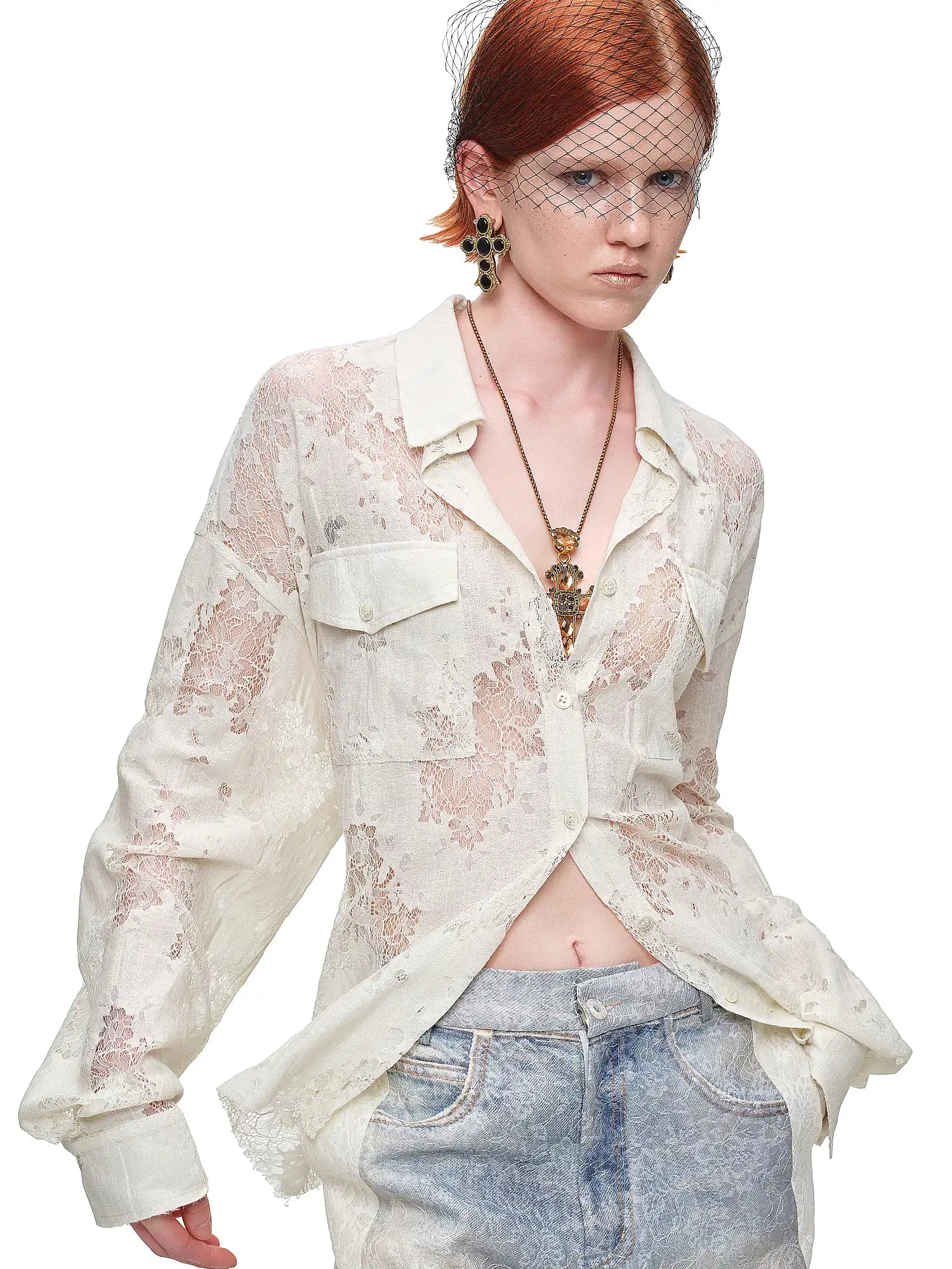 1Jinn Studio Long Sleeve Sheer Floral Lace Shirt | Canton Collective