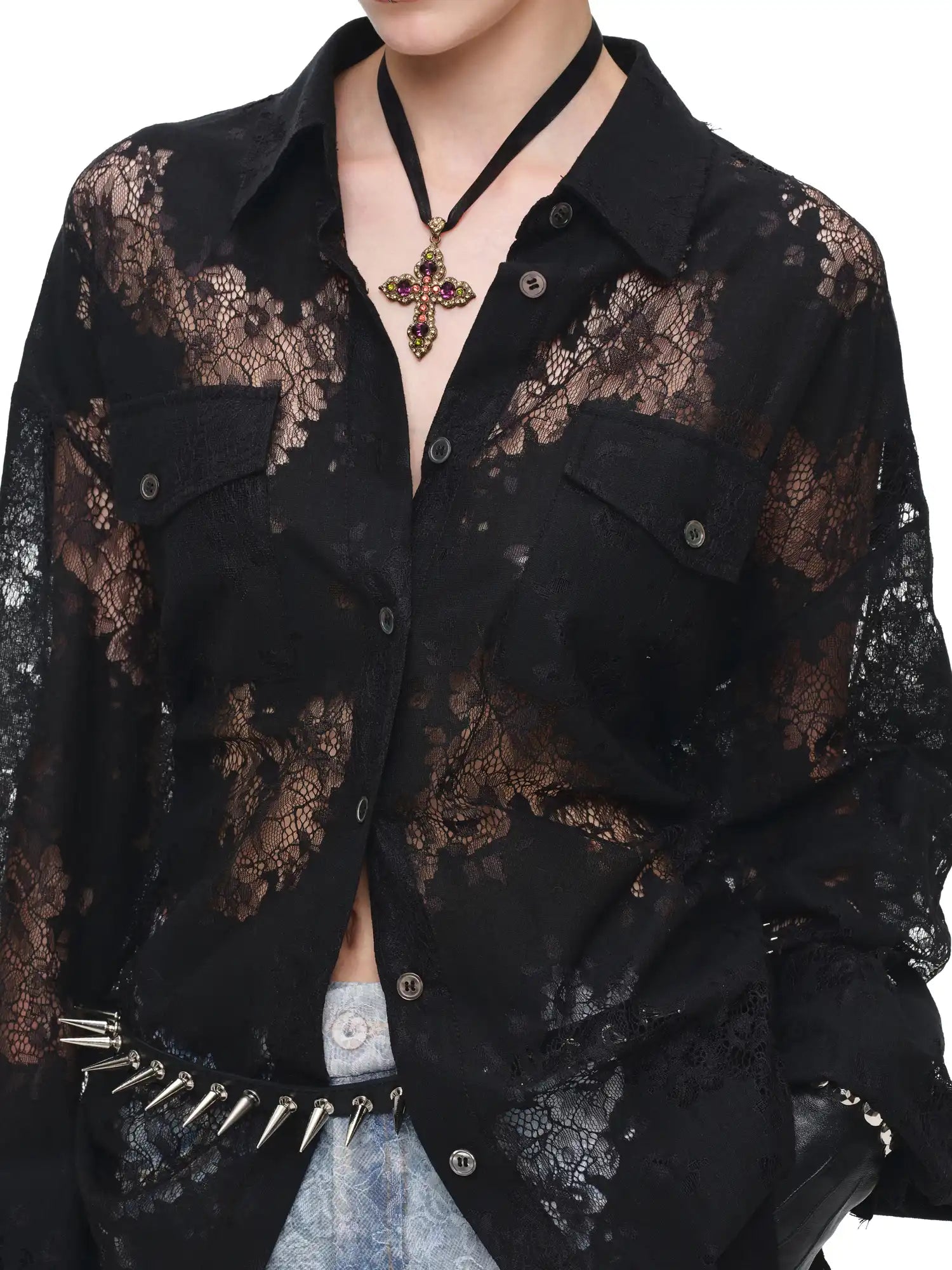 1Jinn Studio Long Sleeve Sheer Floral Lace Shirt | Canton Collective