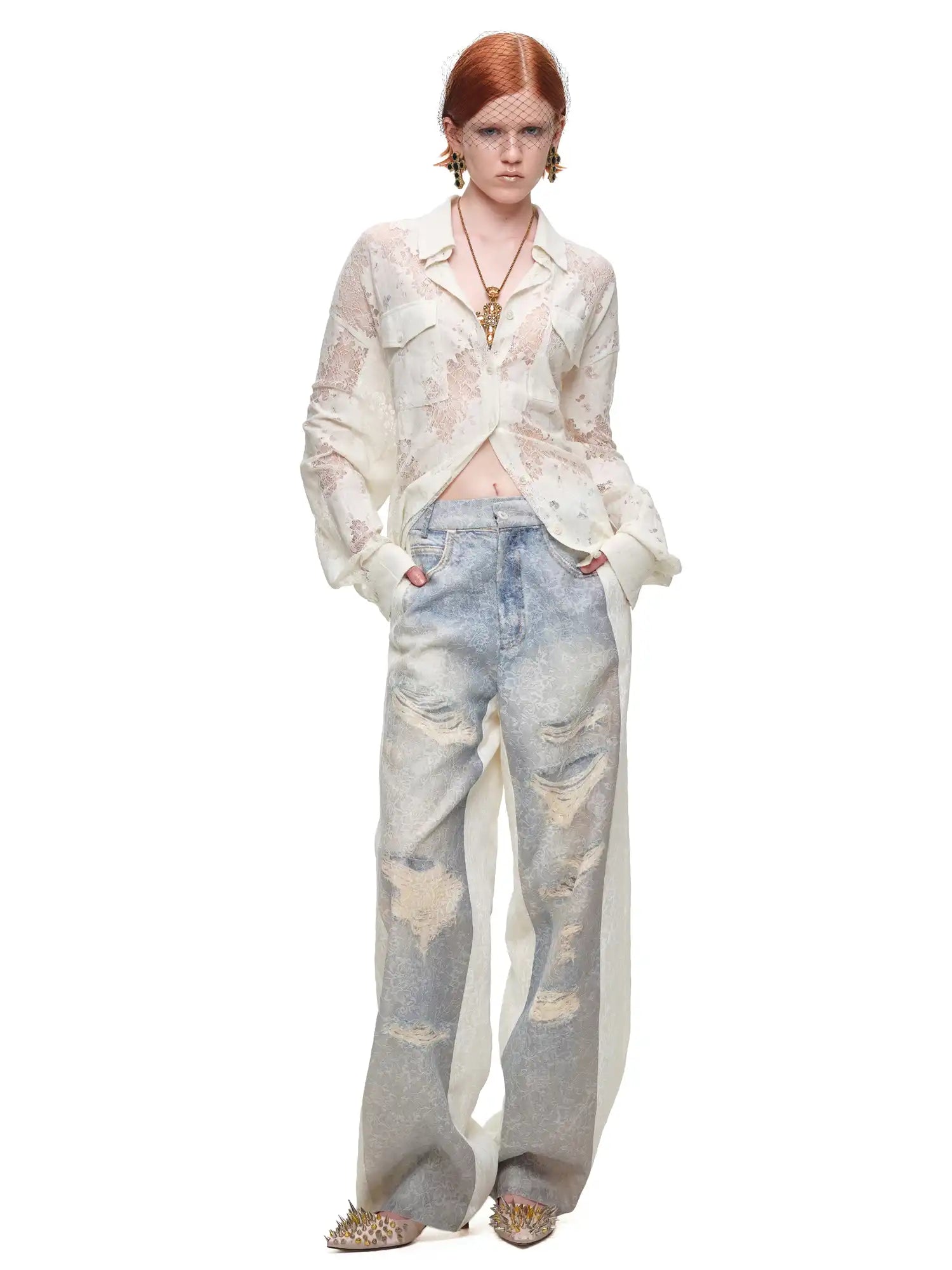 1Jinn Studio Long Sleeve Sheer Floral Lace Shirt | Canton Collective