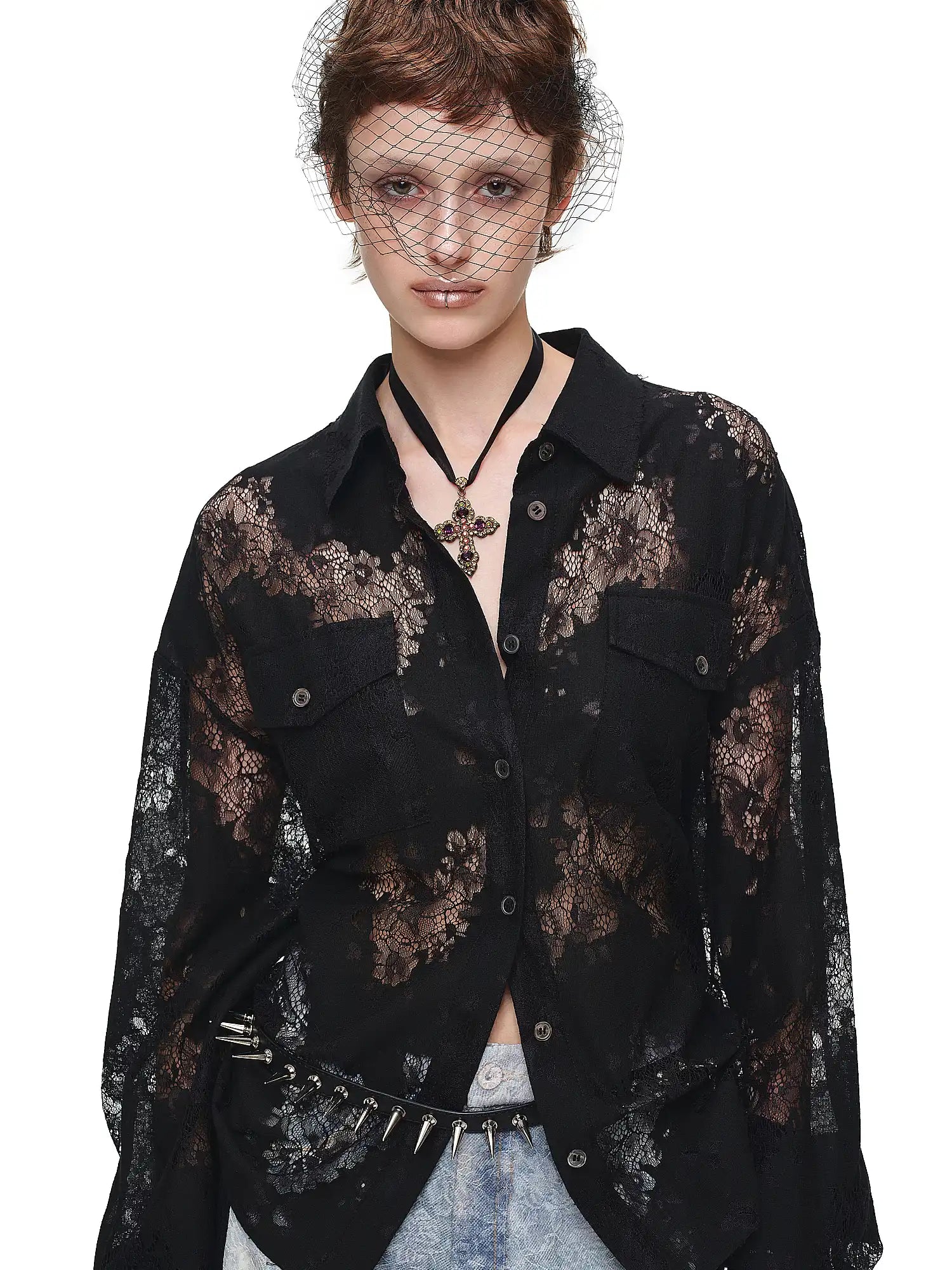 1Jinn Studio Long Sleeve Sheer Floral Lace Shirt | Canton Collective