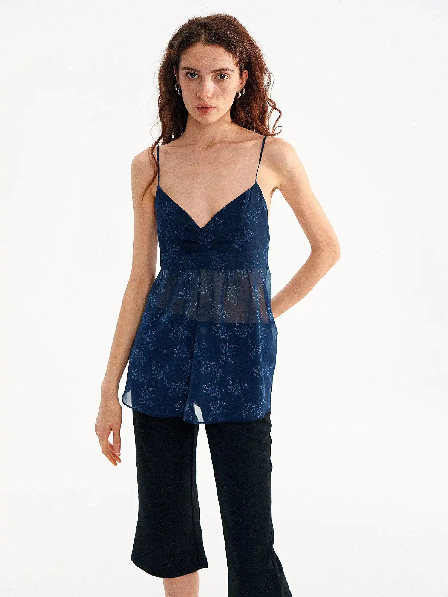 CantonCollective Design Midnight Navy Ditsy Floral Sheer Babydoll Top | Canton Collective