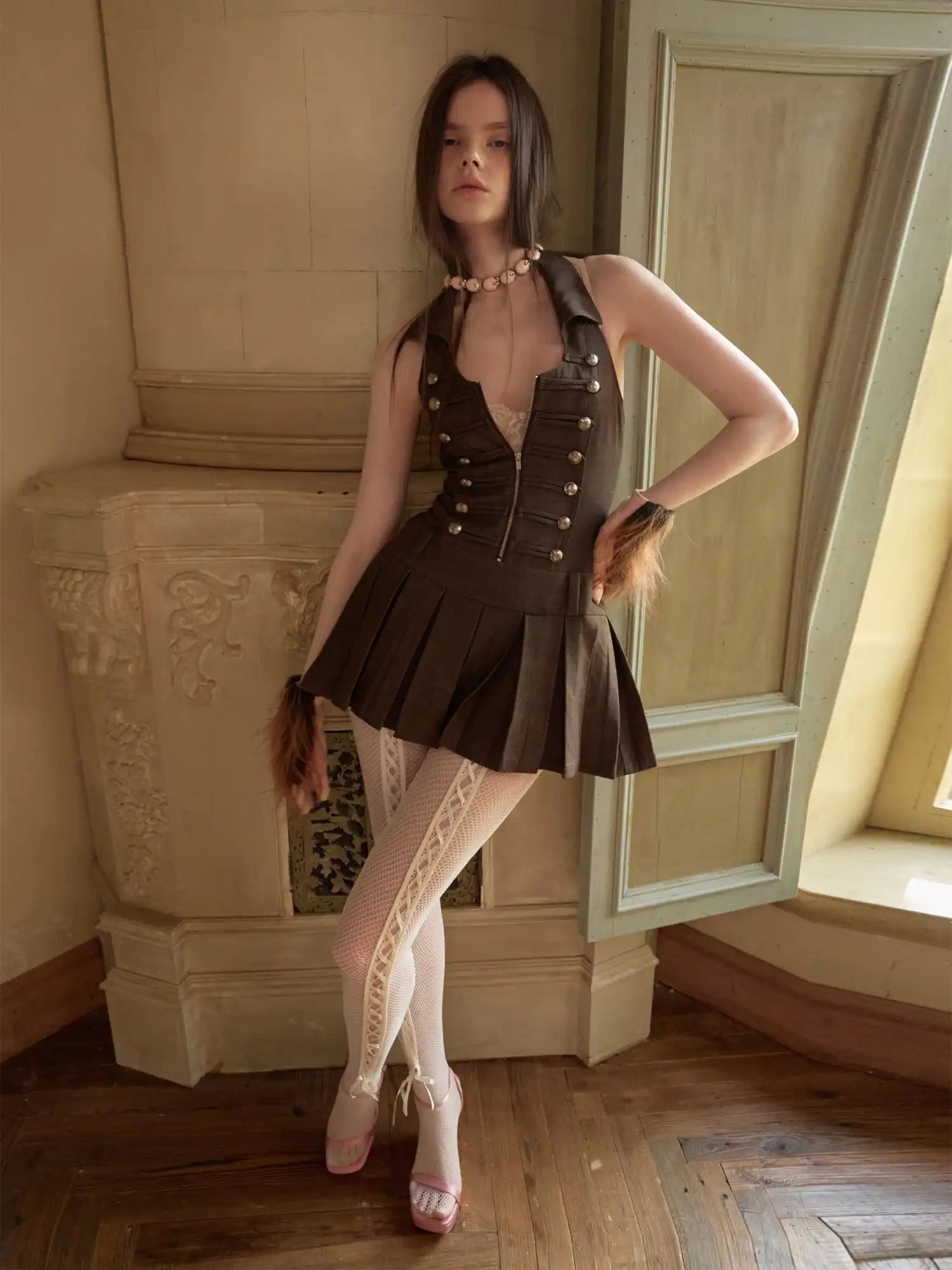 1Jinn Studio Napoleon Double Breasted Halter Vest Pleated Mini Dress | Canton Collective