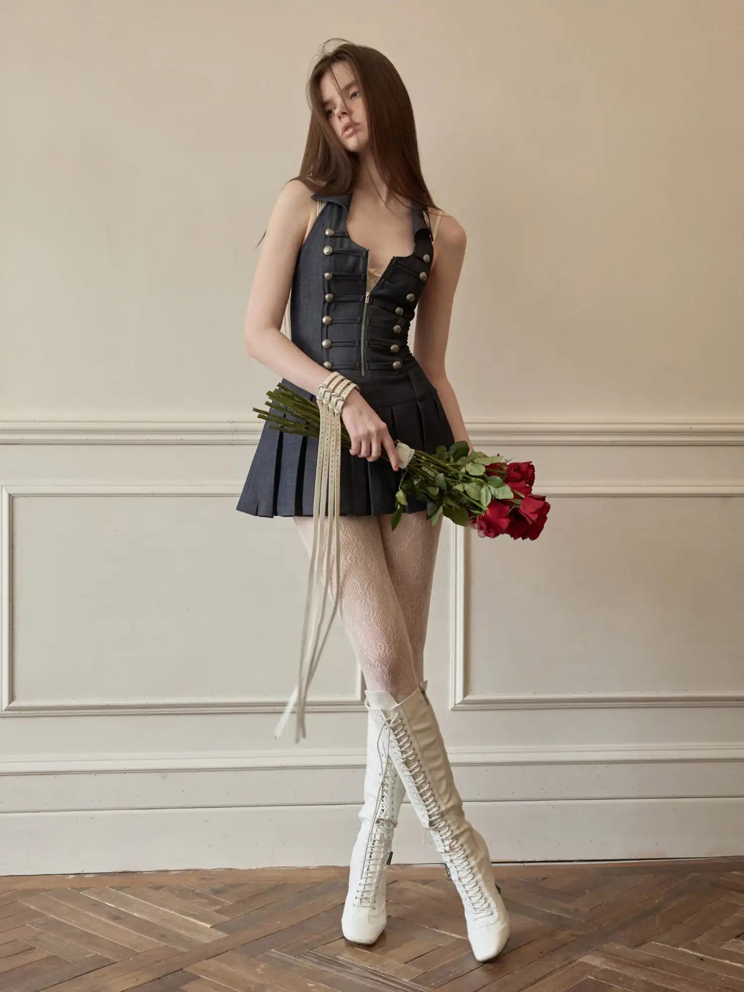 1Jinn Studio Napoleon Double Breasted Halter Vest Pleated Mini Dress | Canton Collective