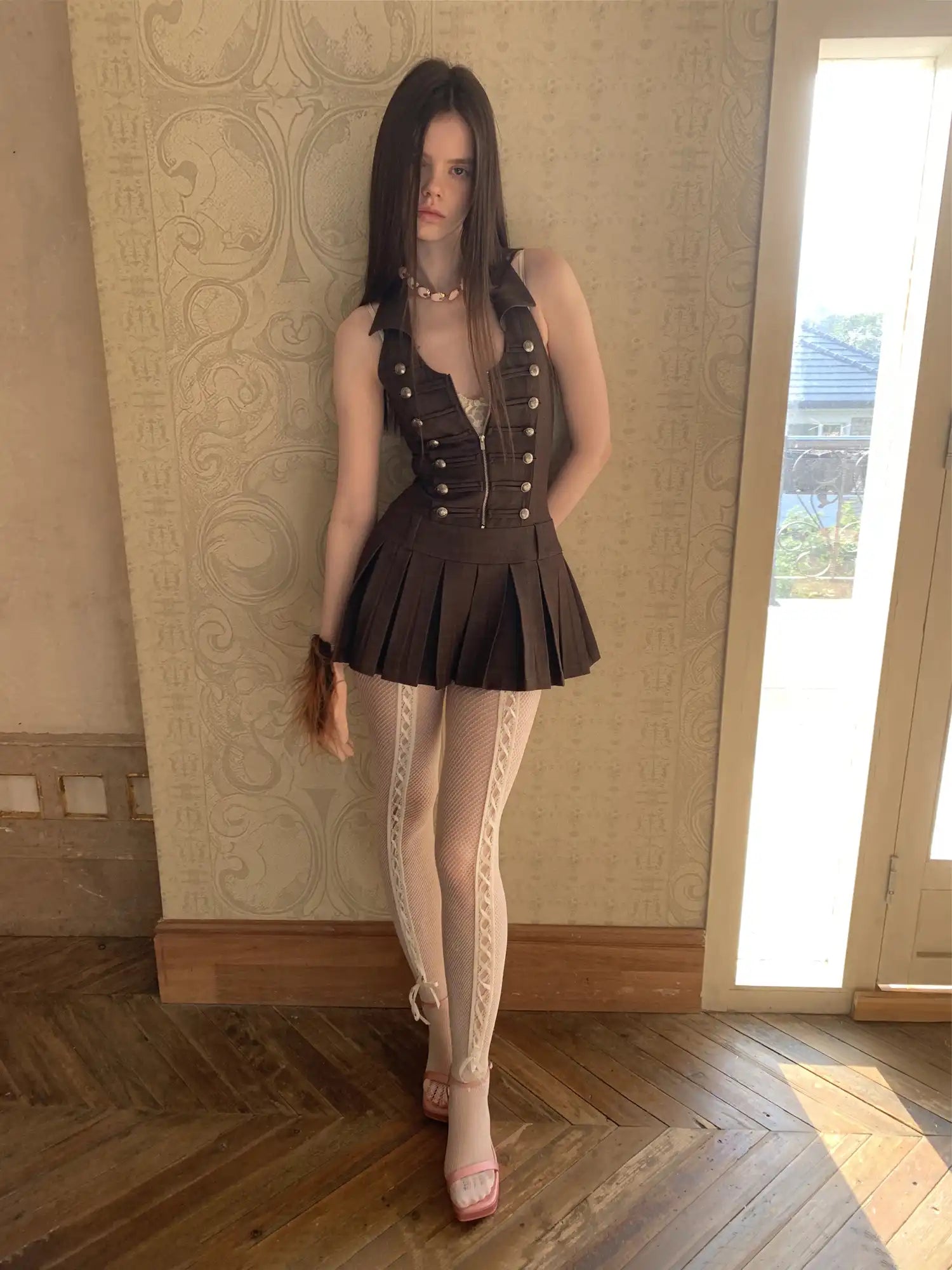 1Jinn Studio Napoleon Double Breasted Halter Vest Pleated Mini Dress | Canton Collective