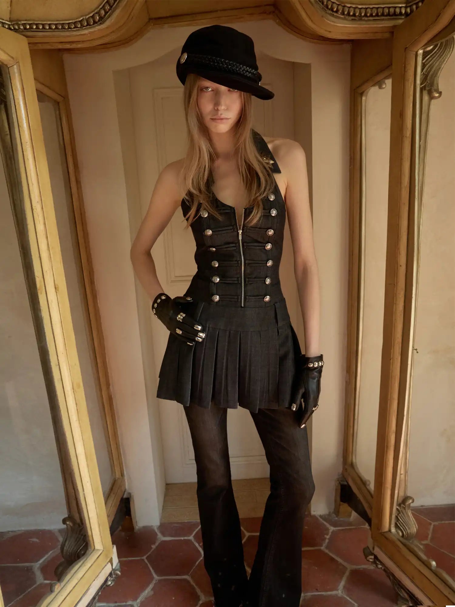 1Jinn Studio Napoleon Double Breasted Halter Vest Pleated Mini Dress | Canton Collective