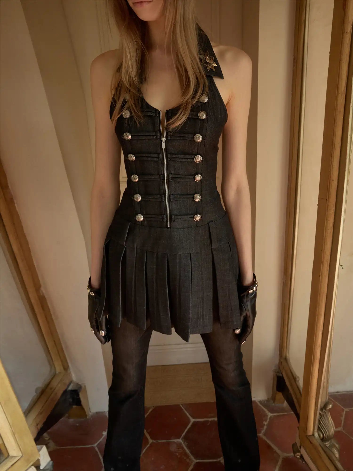 1Jinn Studio Napoleon Double Breasted Halter Vest Pleated Mini Dress | Canton Collective