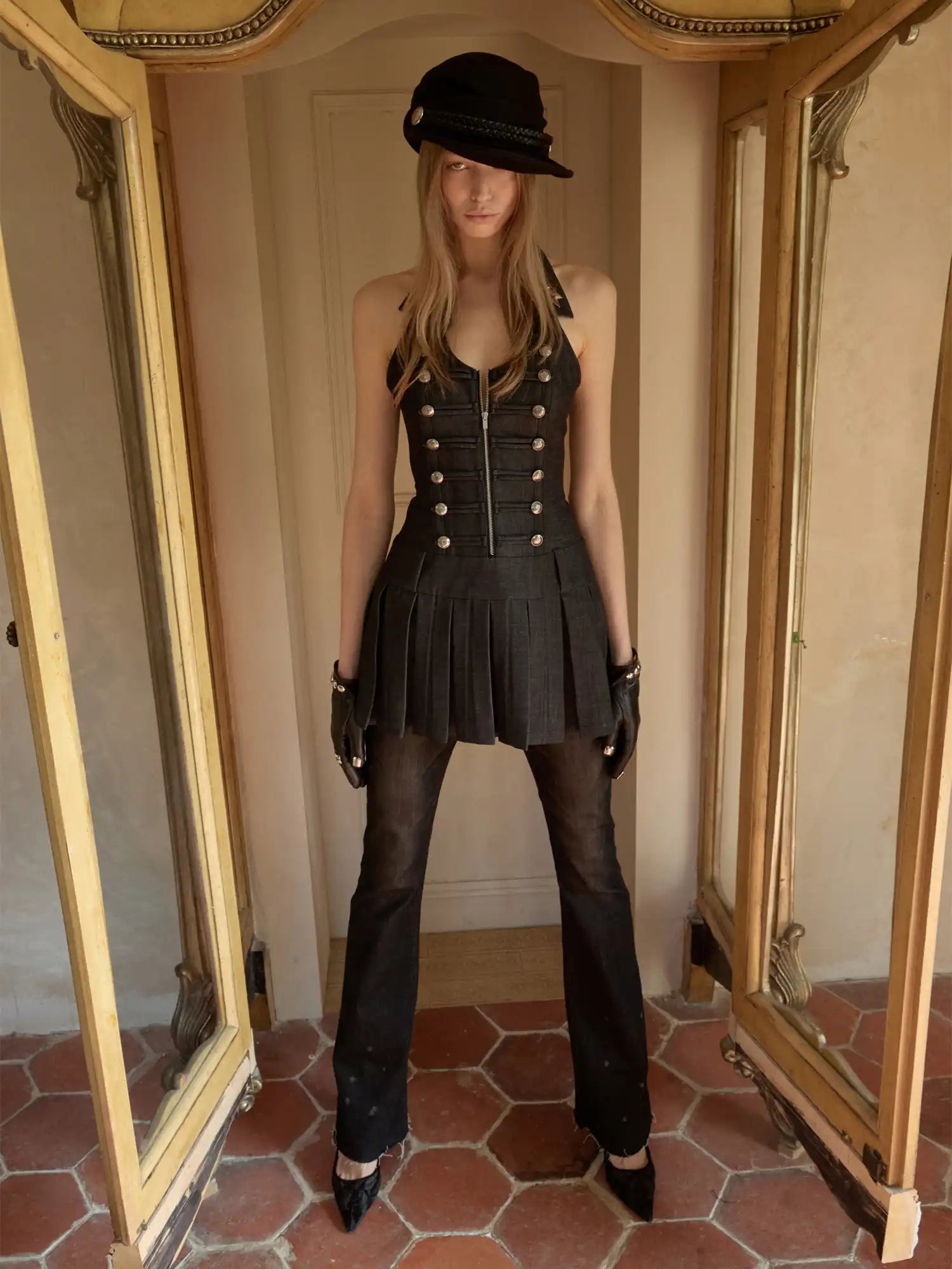 1Jinn Studio Napoleon Double Breasted Halter Vest Pleated Mini Dress | Canton Collective