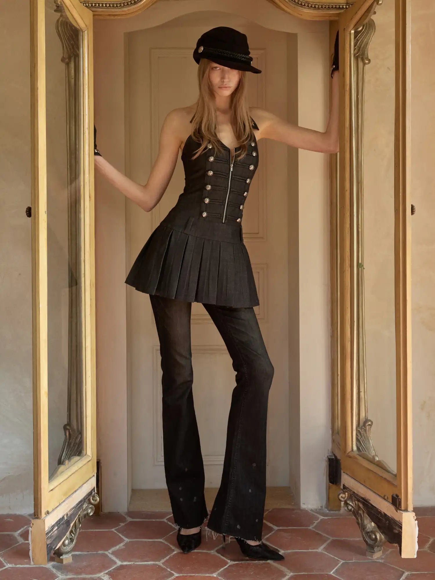 1Jinn Studio Napoleon Double Breasted Halter Vest Pleated Mini Dress | Canton Collective