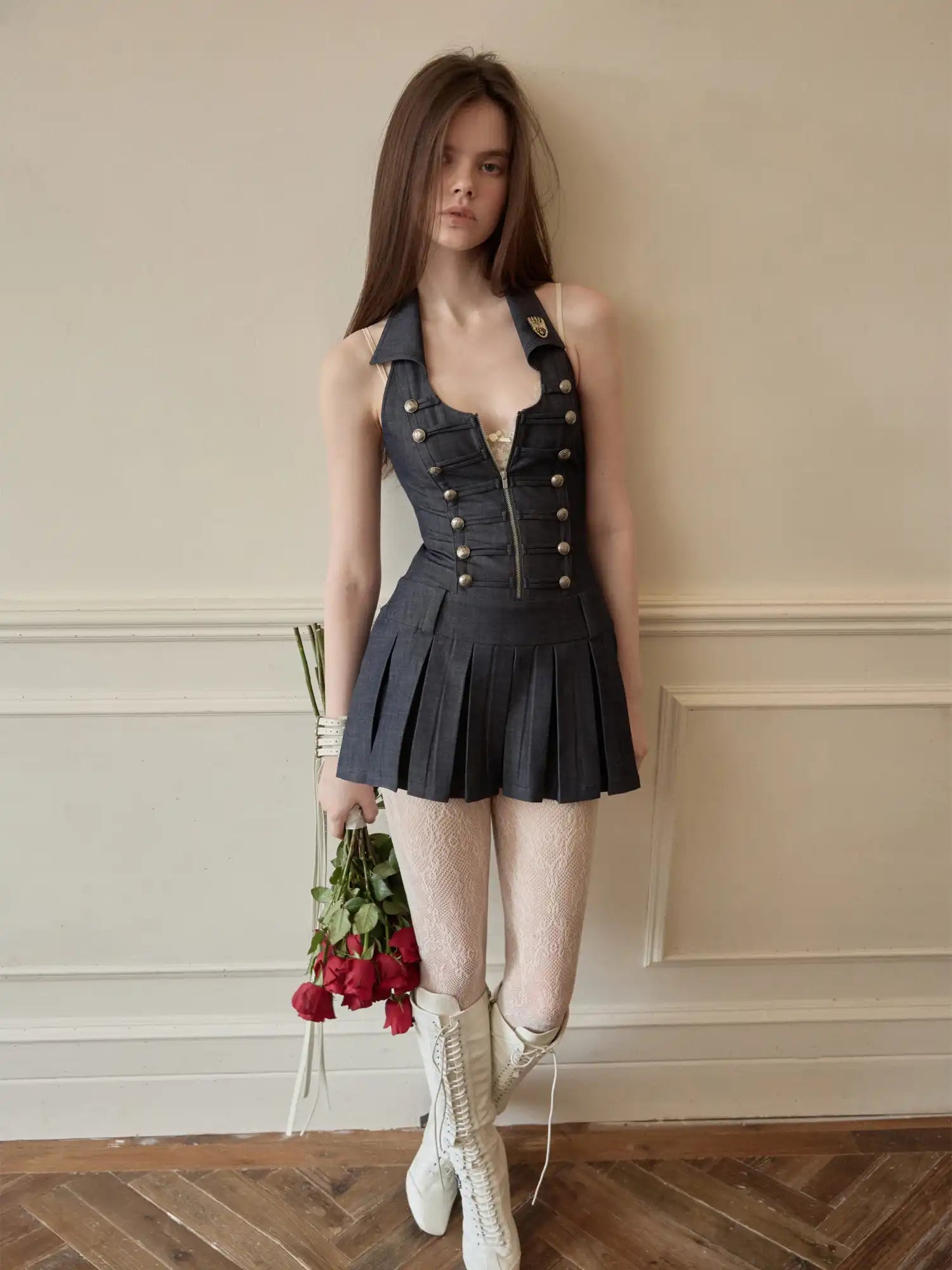 1Jinn Studio Napoleon Double Breasted Halter Vest Pleated Mini Dress | Canton Collective