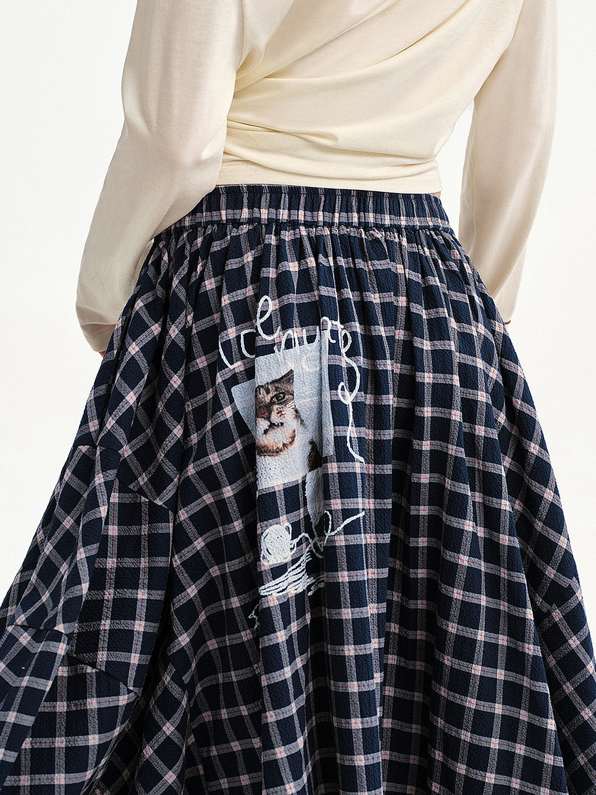 Outtheblue Navy Plaid Cat Graphic Midi Skirt | Canton Collective